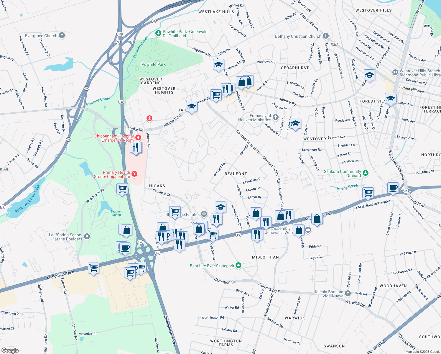 map of restaurants, bars, coffee shops, grocery stores, and more near 508 Deter Road in Richmond