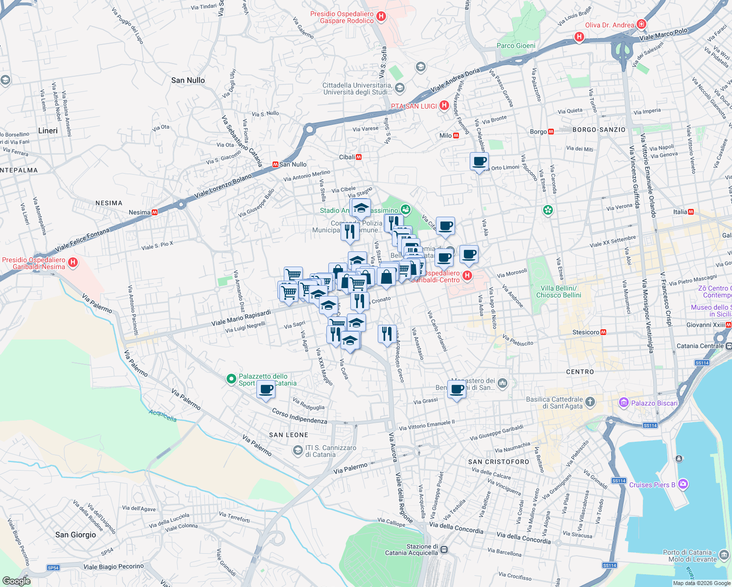 map of restaurants, bars, coffee shops, grocery stores, and more near 14 Via Ammiraglio Caracciolo in Catania