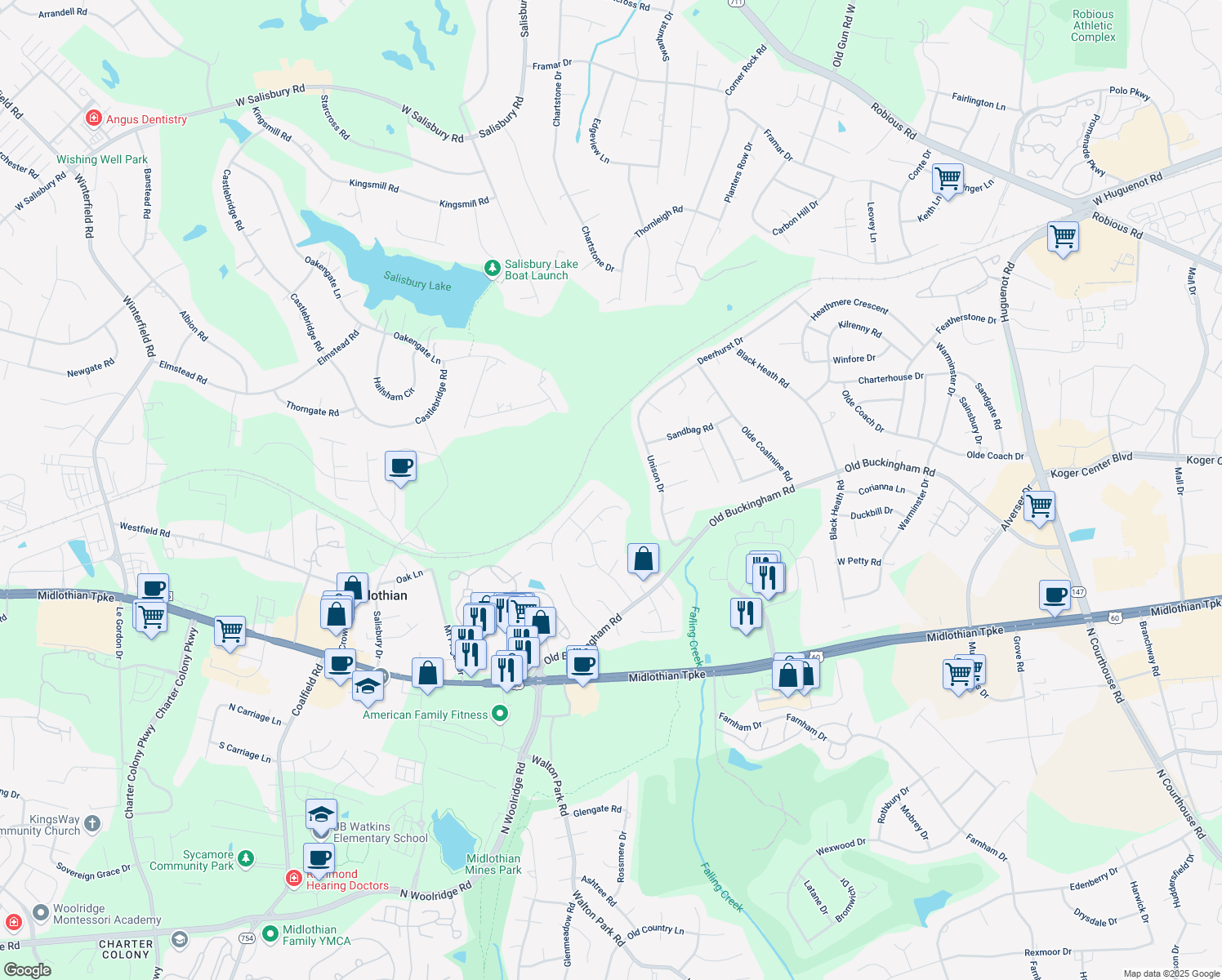 map of restaurants, bars, coffee shops, grocery stores, and more near 1537 Oldbury Road in Midlothian