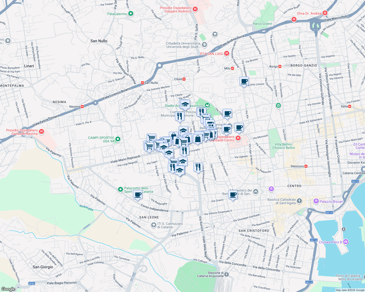map of restaurants, bars, coffee shops, grocery stores, and more near 14 Via Caracciolo Ammiraglio in Catania