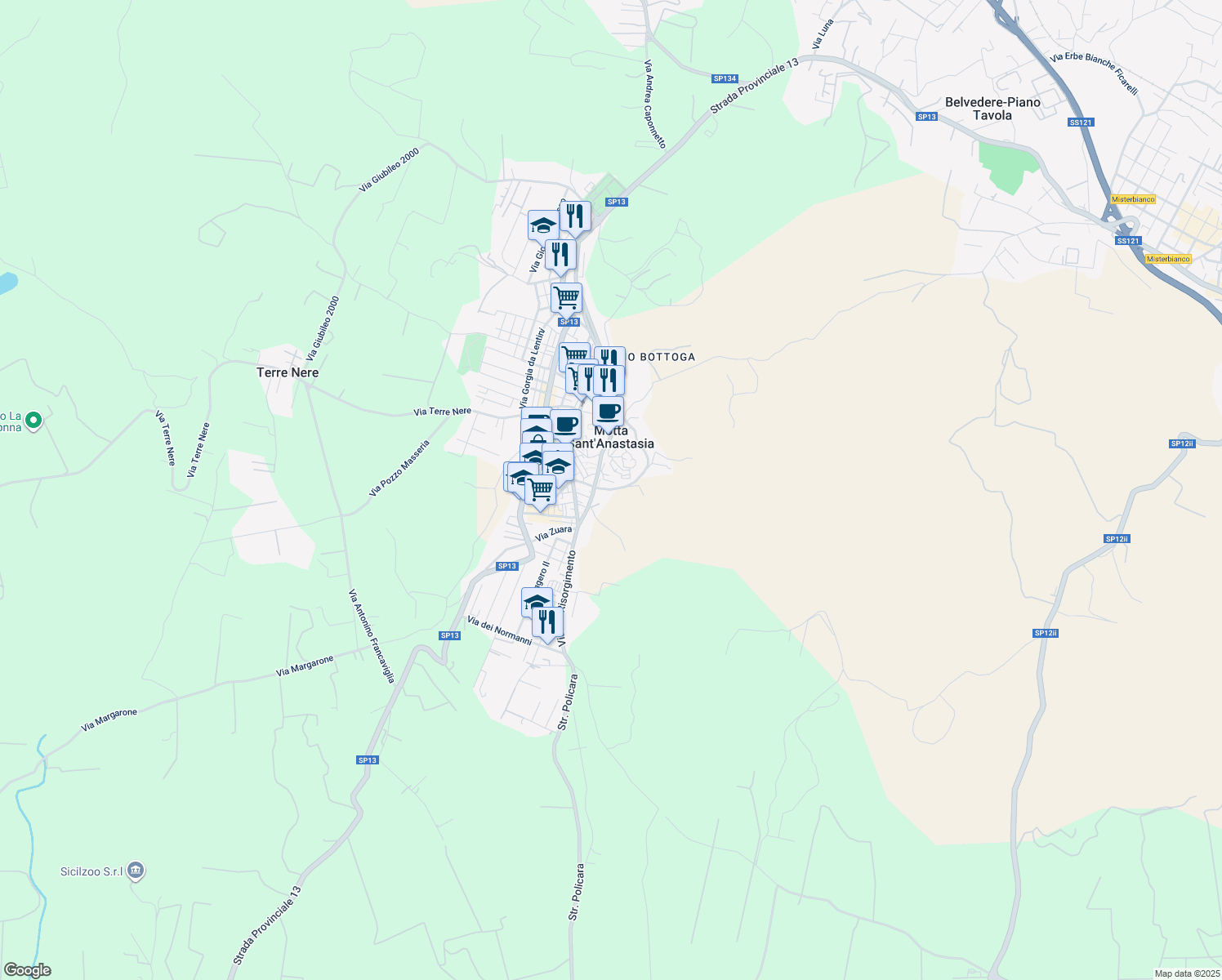 map of restaurants, bars, coffee shops, grocery stores, and more near 60 Via Montalto in Motta Sant'Anastasia