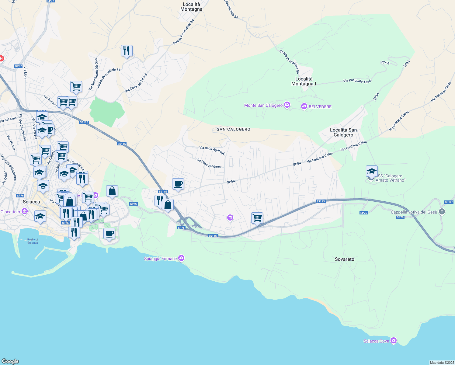 map of restaurants, bars, coffee shops, grocery stores, and more near 2 Via delle Sequoie in Sciacca