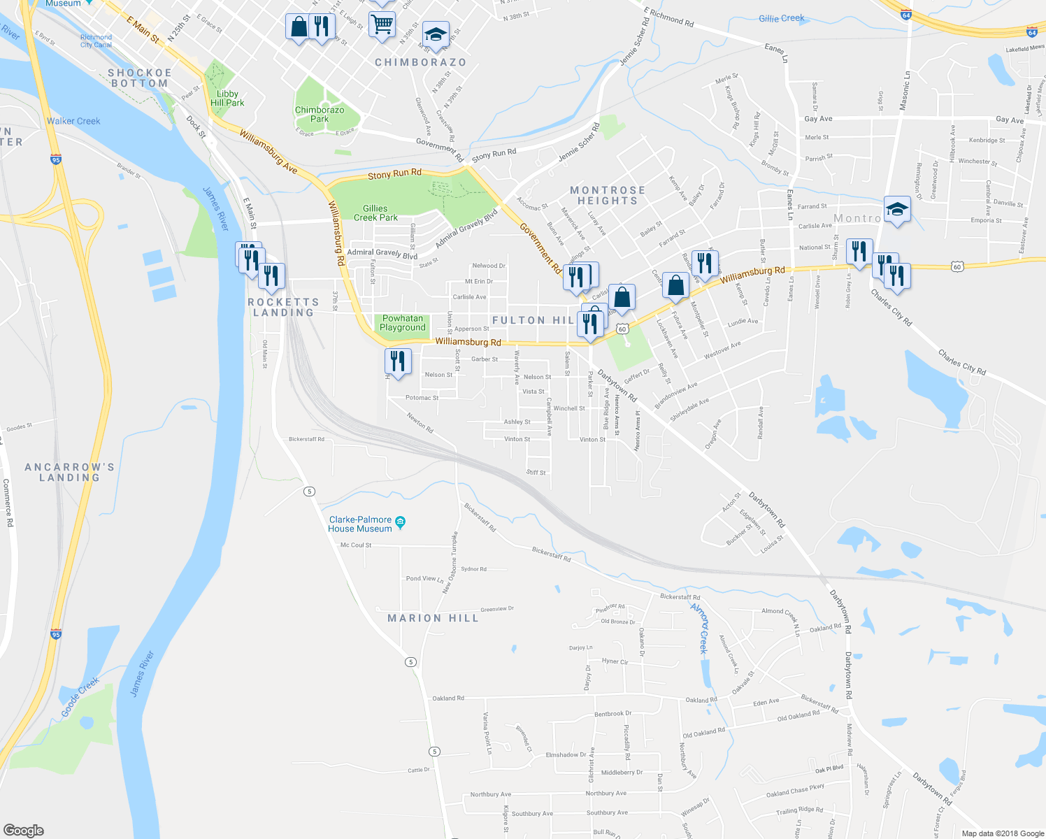 map of restaurants, bars, coffee shops, grocery stores, and more near 5308 Waverly Avenue in Richmond