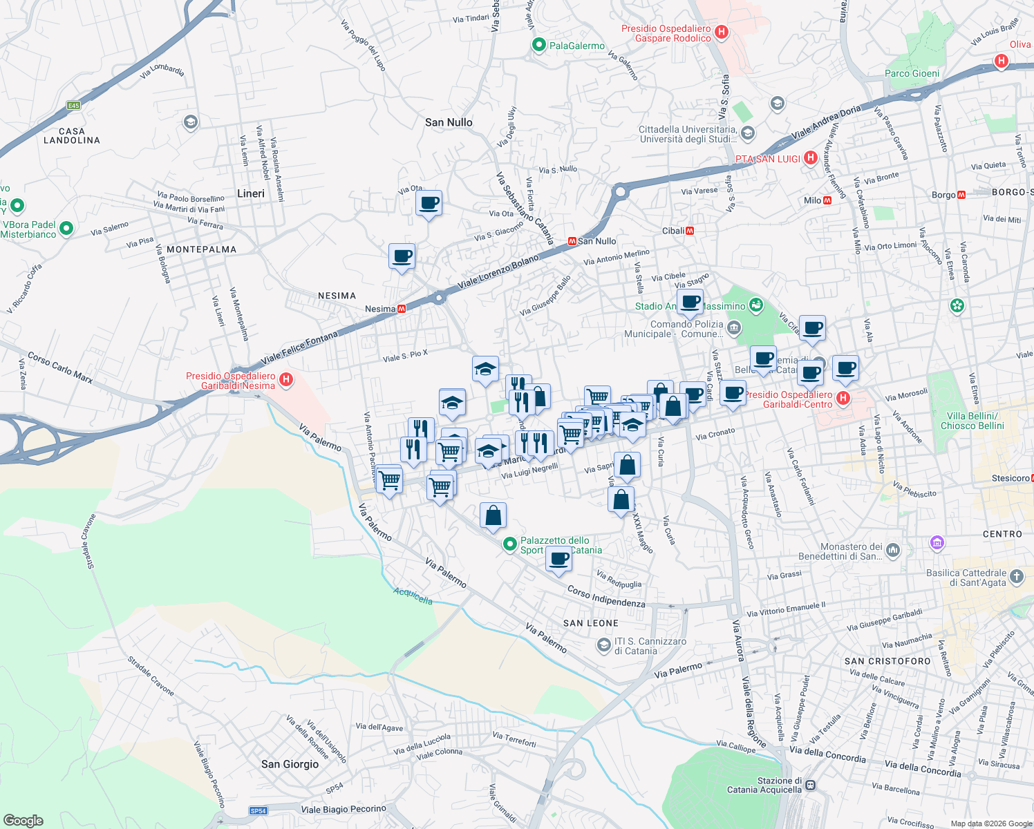 map of restaurants, bars, coffee shops, grocery stores, and more near 60 Via Armando Diaz in Catania