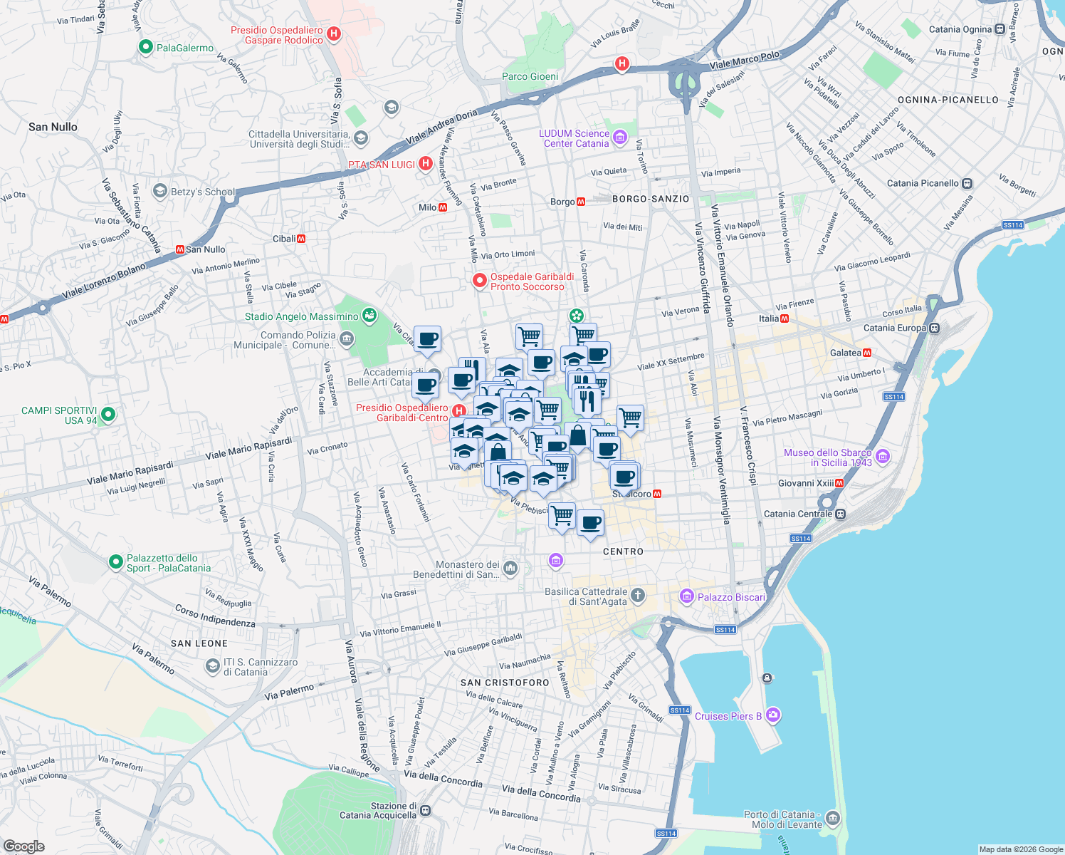 map of restaurants, bars, coffee shops, grocery stores, and more near 36-52 Via Androne in Catania