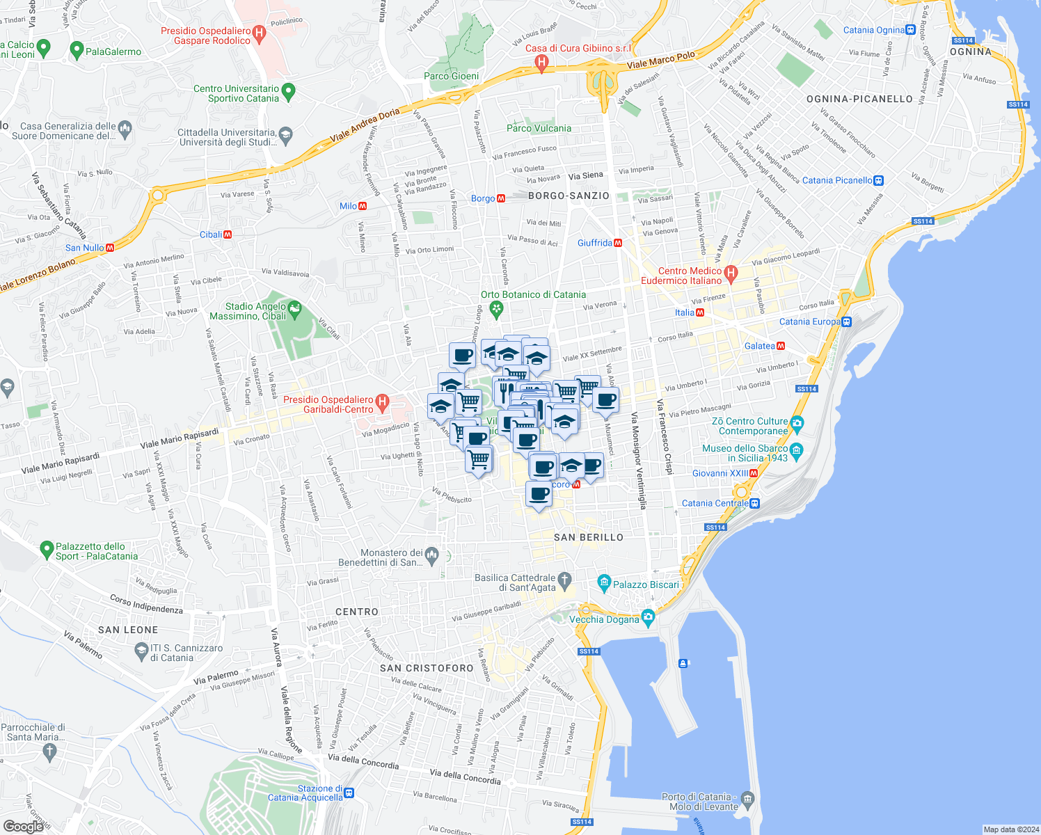 map of restaurants, bars, coffee shops, grocery stores, and more near 5 Via Umberto I in Catania