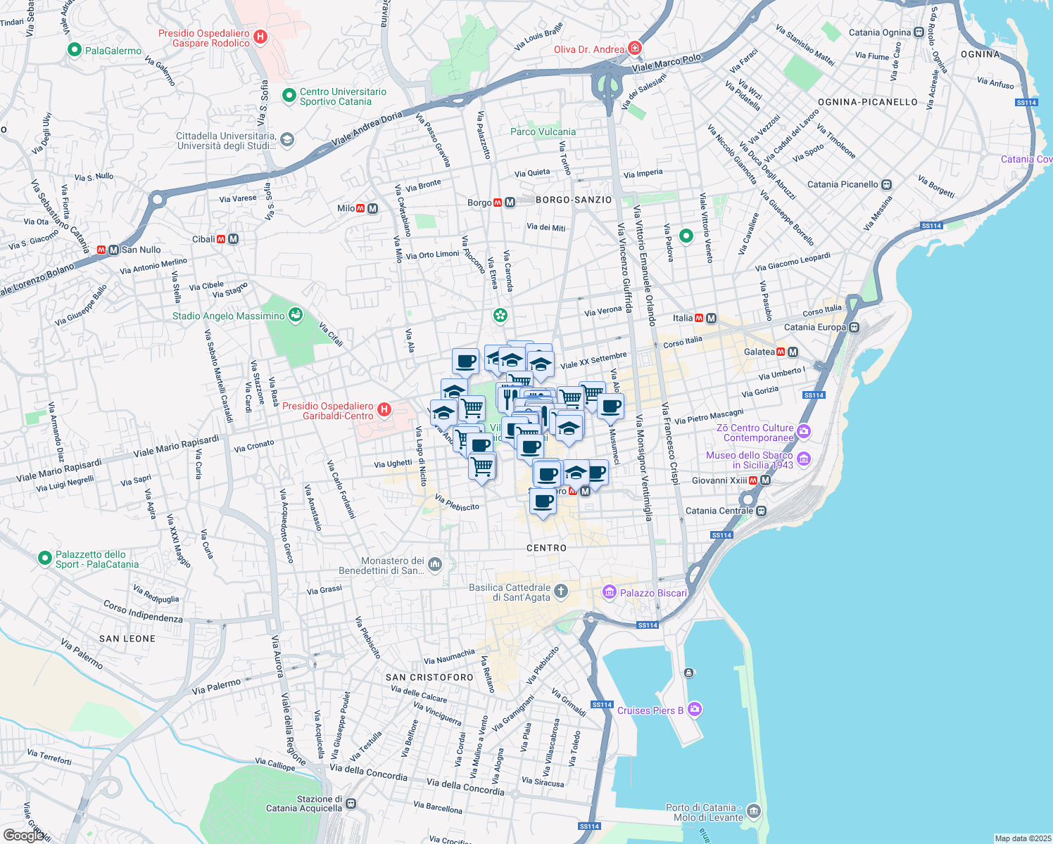 map of restaurants, bars, coffee shops, grocery stores, and more near 5-7 Via Umberto I in Catania
