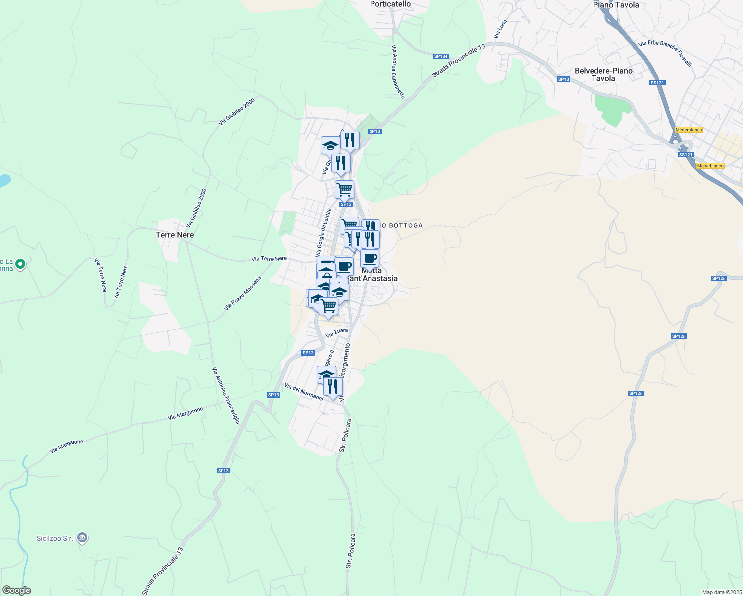 map of restaurants, bars, coffee shops, grocery stores, and more near 60 Via Montalto in Motta Sant'Anastasia