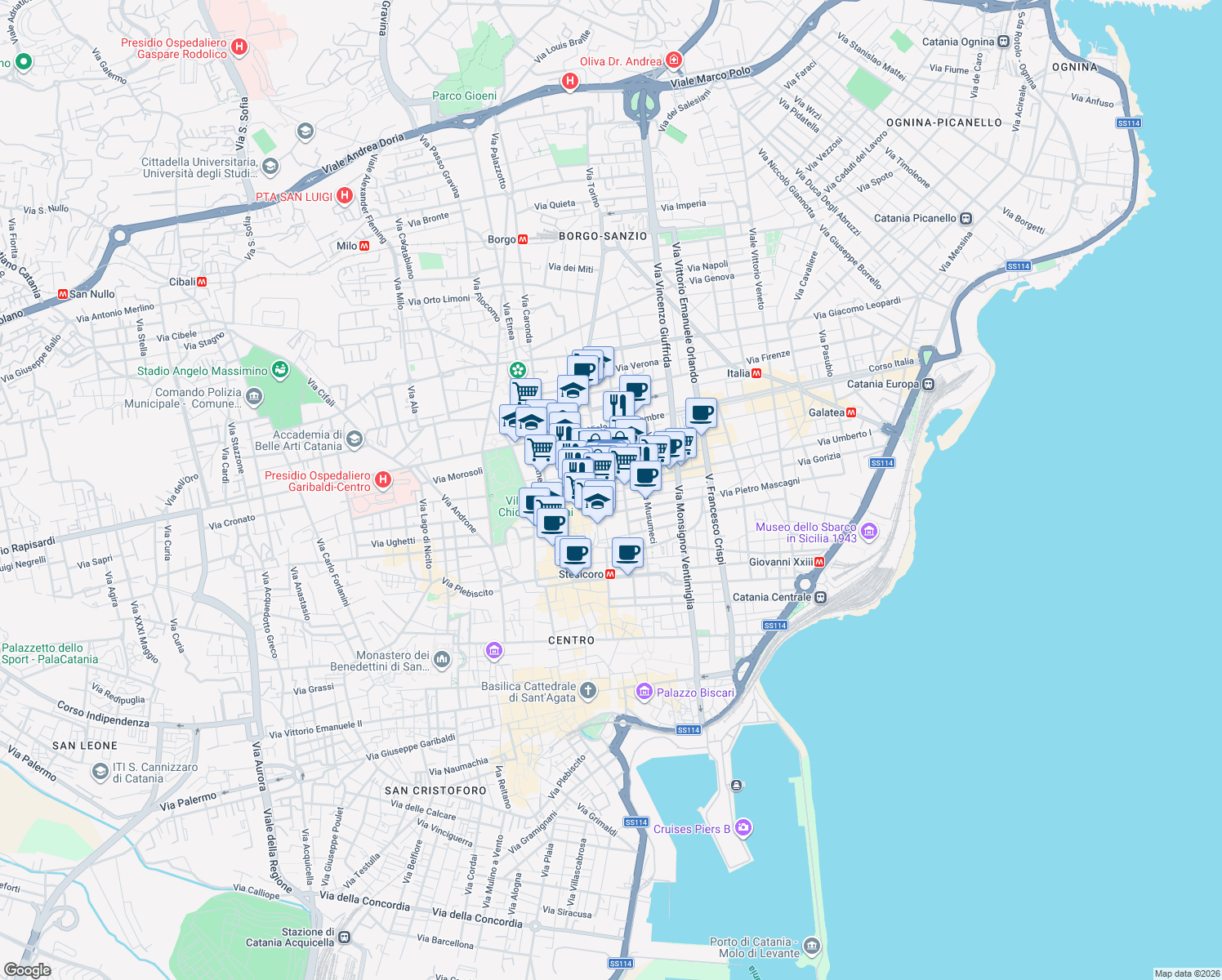 map of restaurants, bars, coffee shops, grocery stores, and more near 12 Via Conte Ruggero in Catania