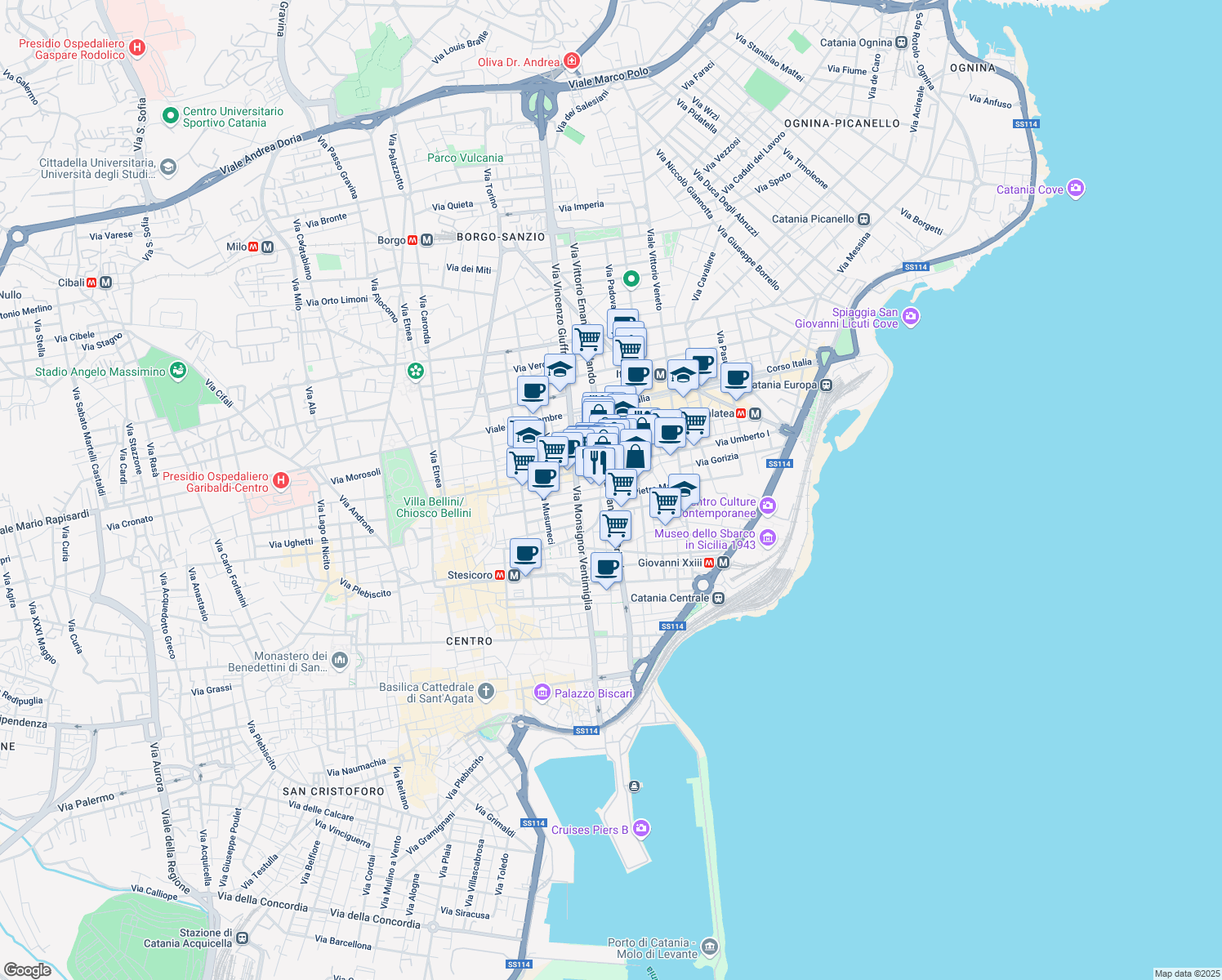 map of restaurants, bars, coffee shops, grocery stores, and more near 114 Via Camillo Finocchiaro Aprile in Catania