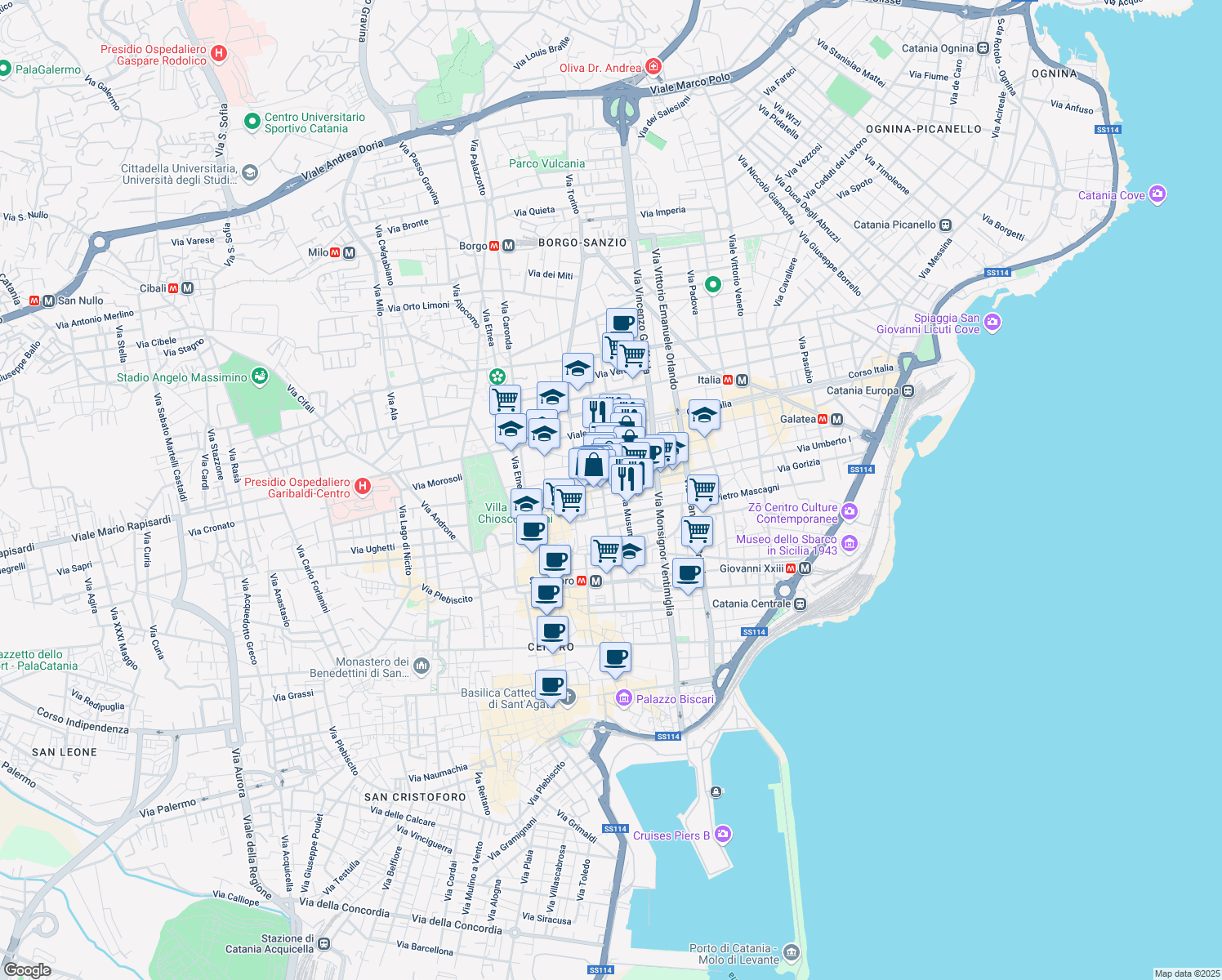 map of restaurants, bars, coffee shops, grocery stores, and more near 6 Via Fiamingo in Catania