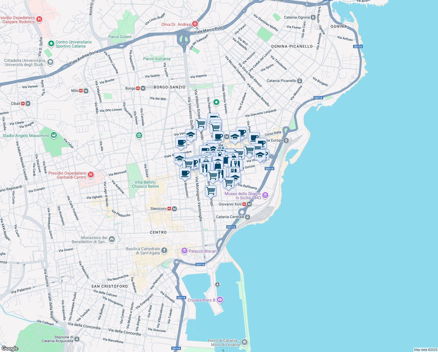 map of restaurants, bars, coffee shops, grocery stores, and more near 168 Via Camillo Finocchiaro Aprile in Catania