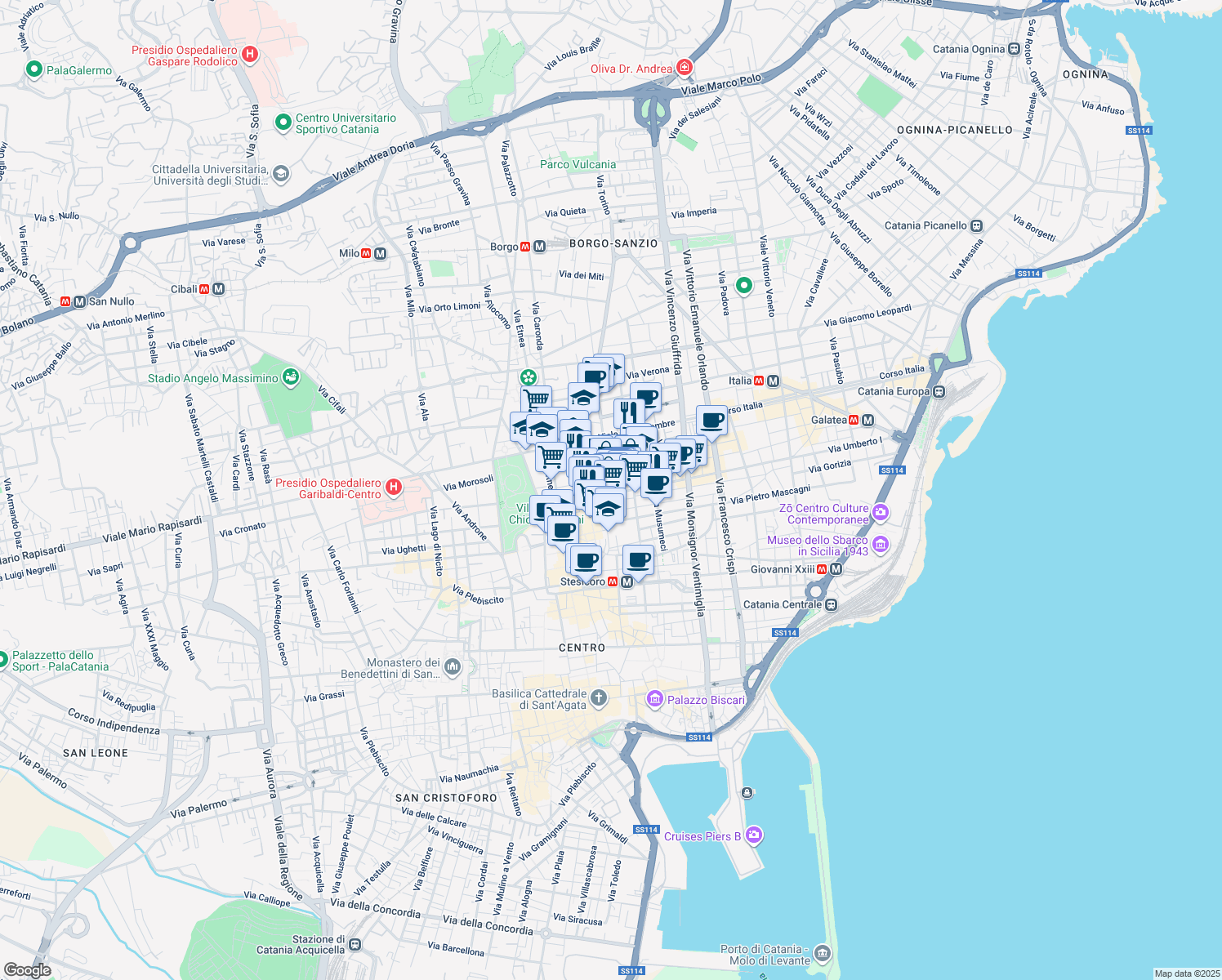 map of restaurants, bars, coffee shops, grocery stores, and more near 12 Via Conte Ruggero in Catania