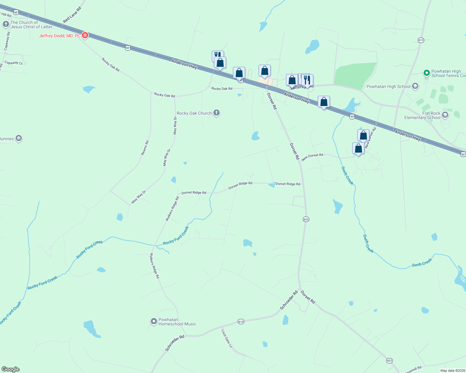 map of restaurants, bars, coffee shops, grocery stores, and more near 2710 Dorset Ridge Road in Powhatan