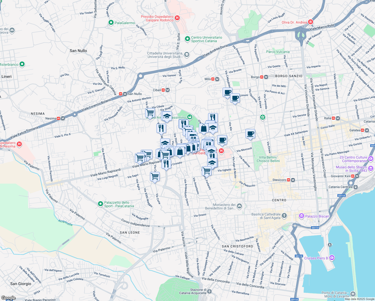 map of restaurants, bars, coffee shops, grocery stores, and more near 26 Via Rasa in Catania