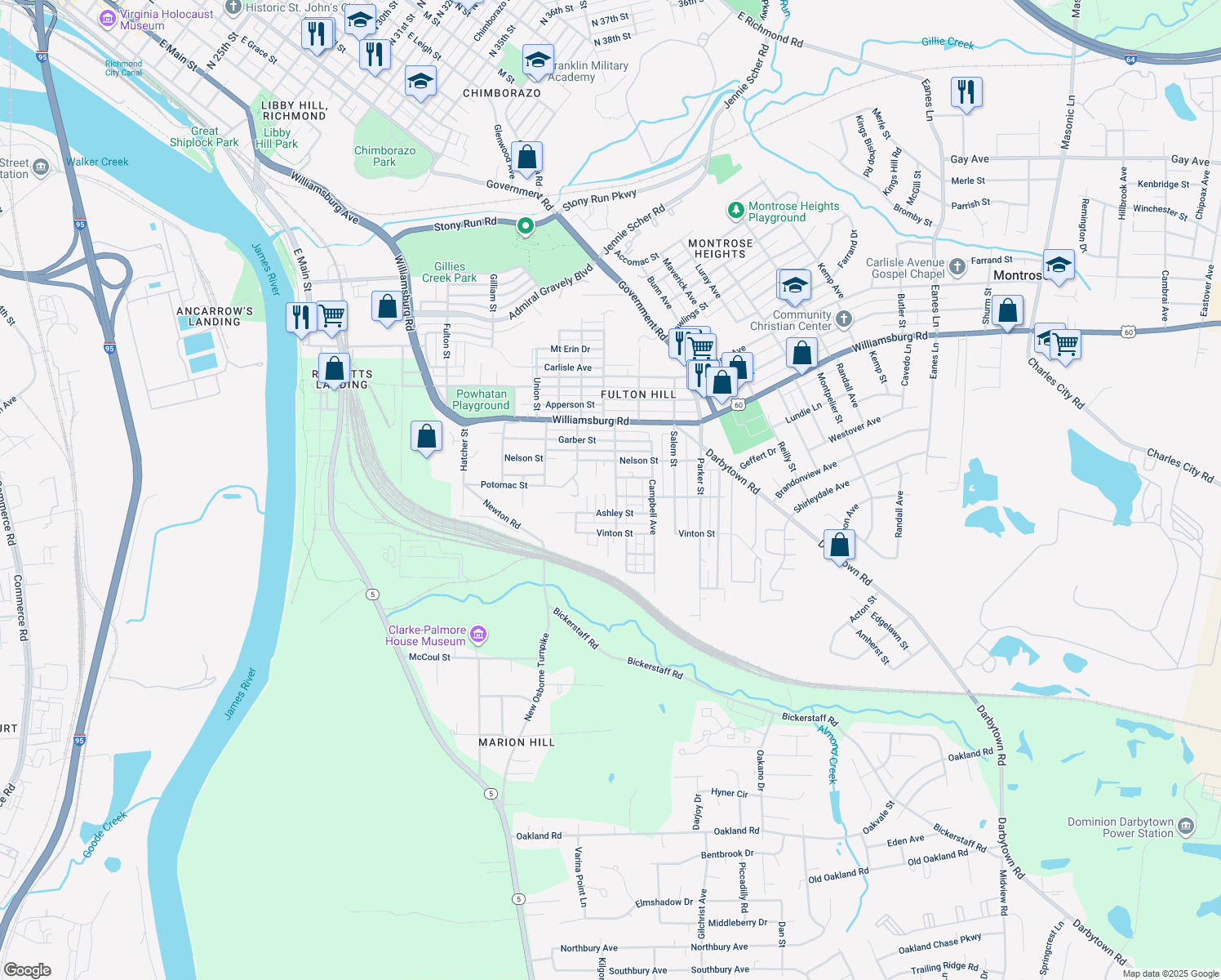 map of restaurants, bars, coffee shops, grocery stores, and more near 5219 Waverly Avenue in Richmond