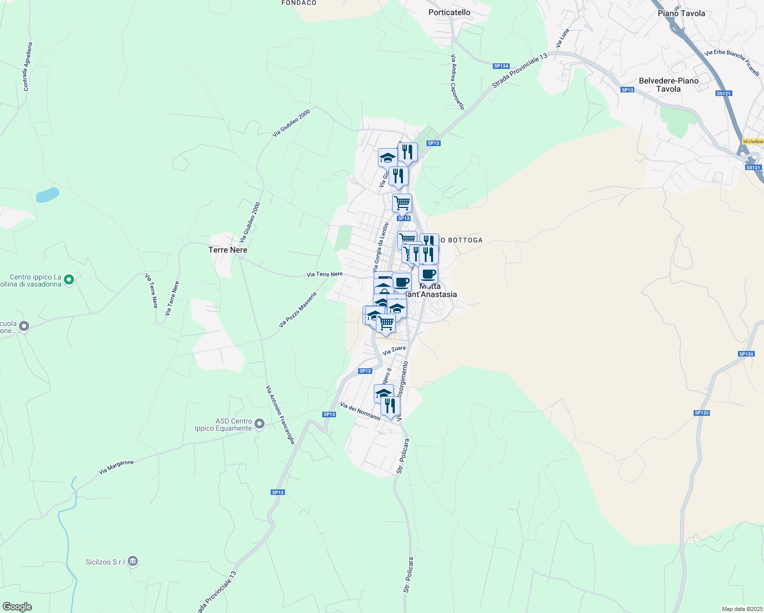 map of restaurants, bars, coffee shops, grocery stores, and more near 7 Viale della Regione in Motta Sant'Anastasia