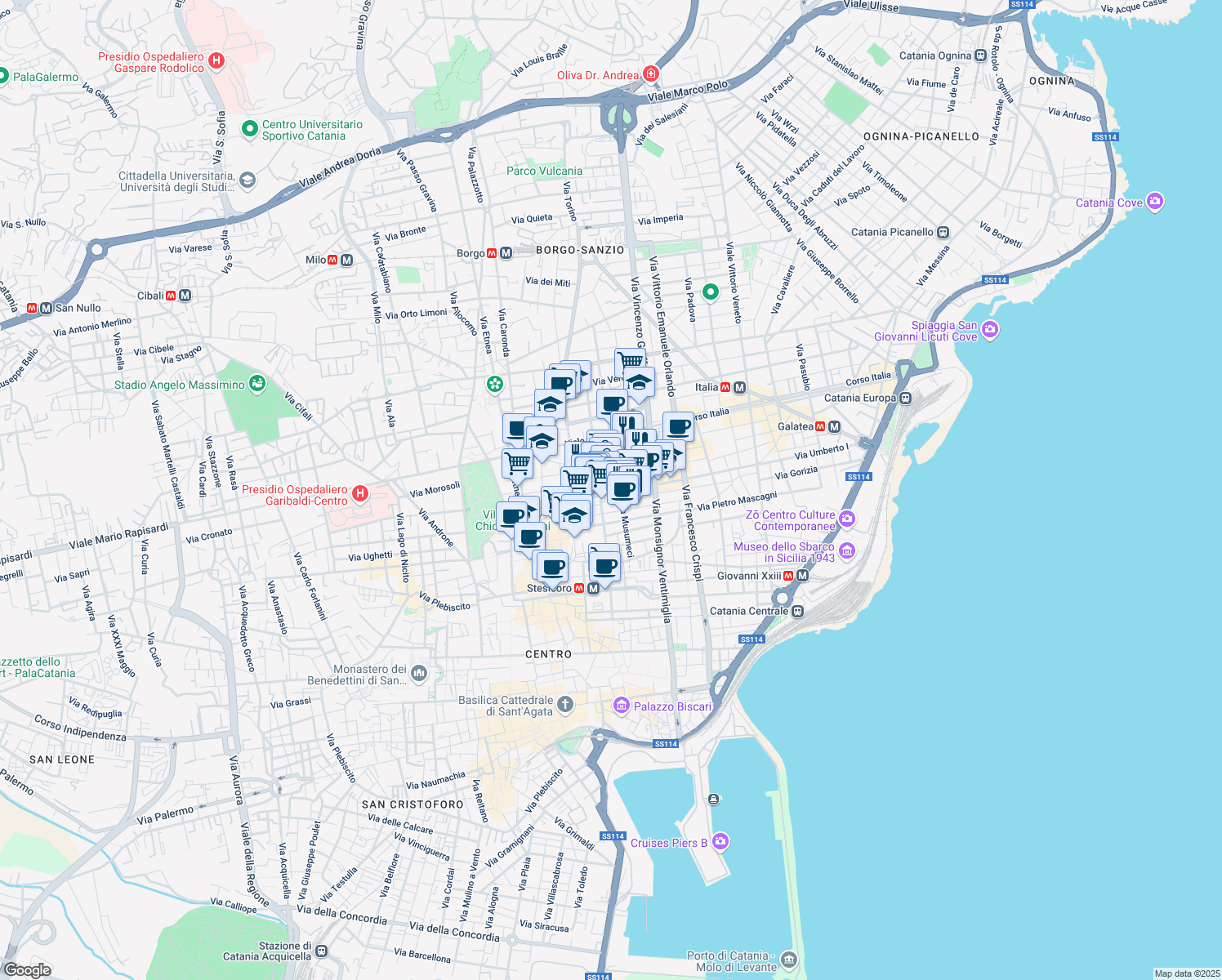 map of restaurants, bars, coffee shops, grocery stores, and more near 6 Via Fiamingo in Catania