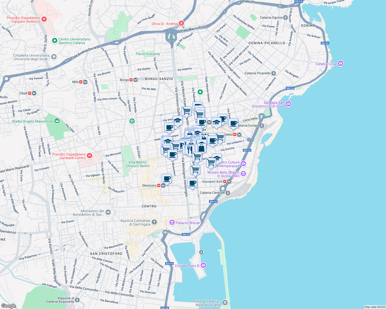 map of restaurants, bars, coffee shops, grocery stores, and more near 114 Via Camillo Finocchiaro Aprile in Catania
