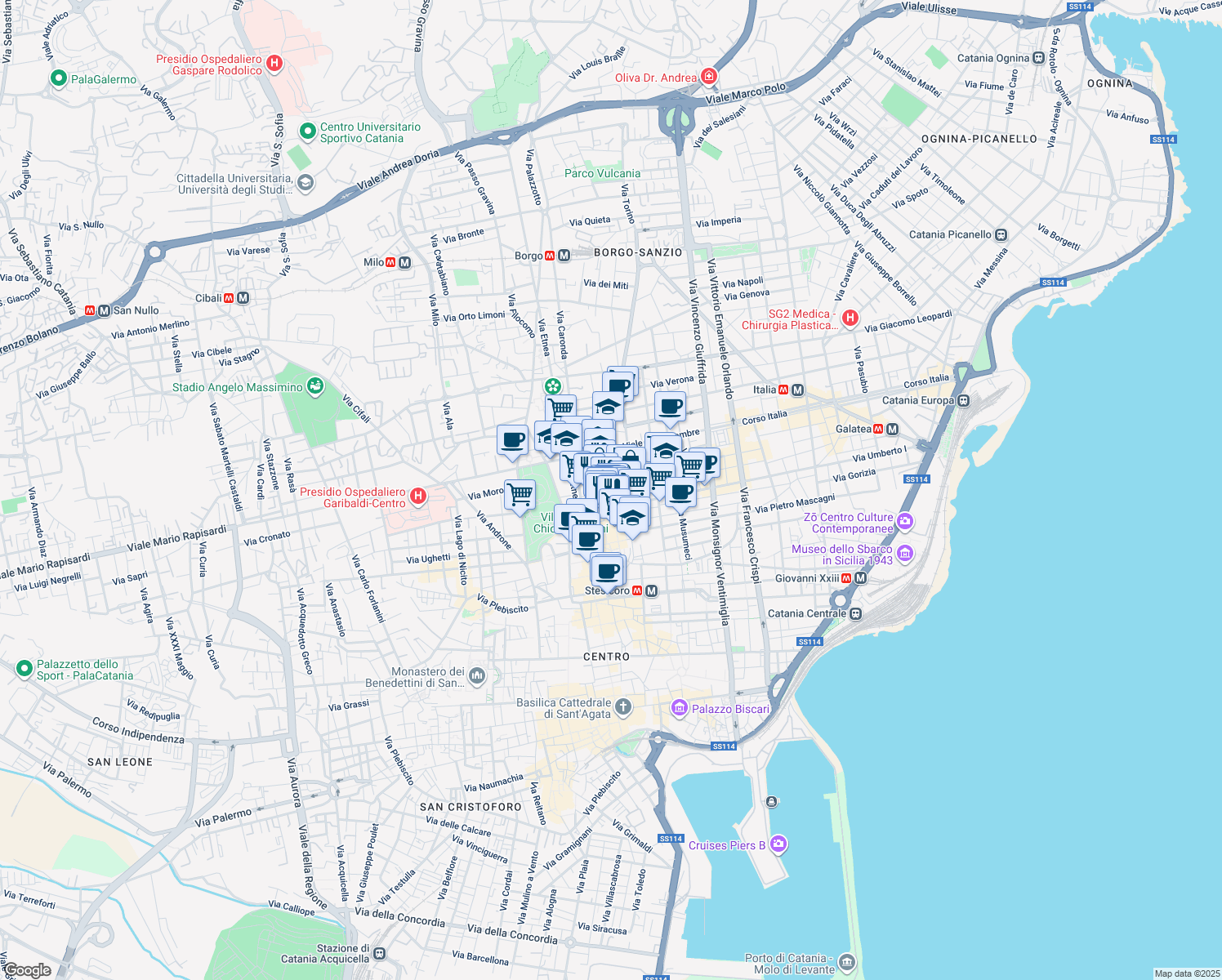 map of restaurants, bars, coffee shops, grocery stores, and more near 57 Via Giuseppe De Felice in Catania