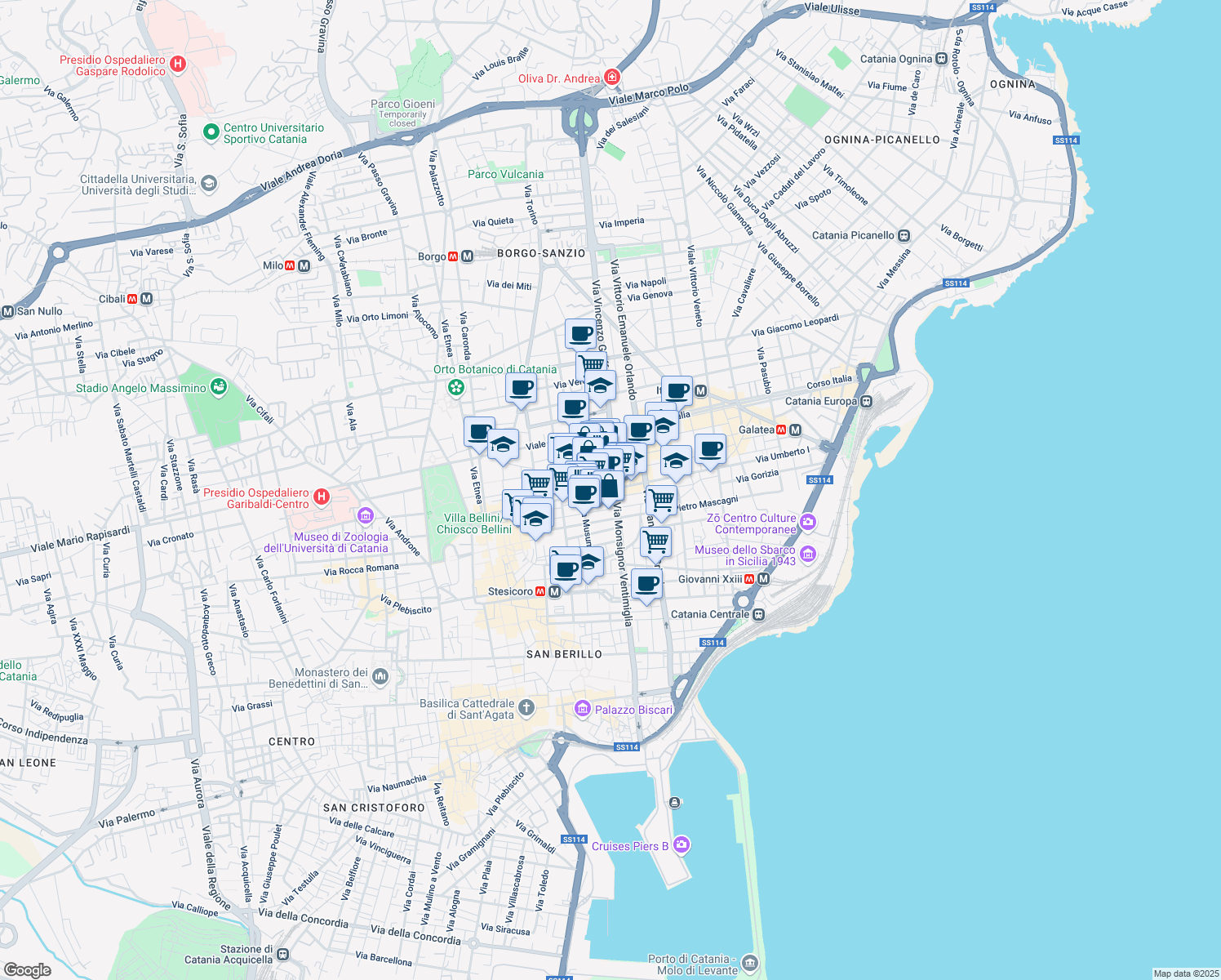 map of restaurants, bars, coffee shops, grocery stores, and more near 156 Via Umberto I in Catania