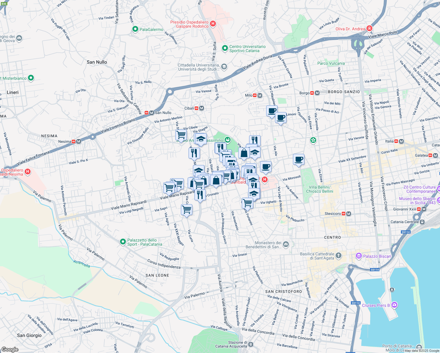 map of restaurants, bars, coffee shops, grocery stores, and more near 26 Via Rasà in Catania