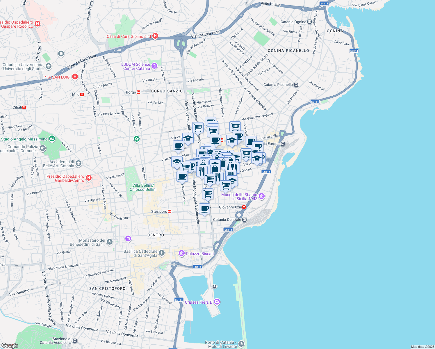 map of restaurants, bars, coffee shops, grocery stores, and more near 168 Via Camillo Finocchiaro Aprile in Catania
