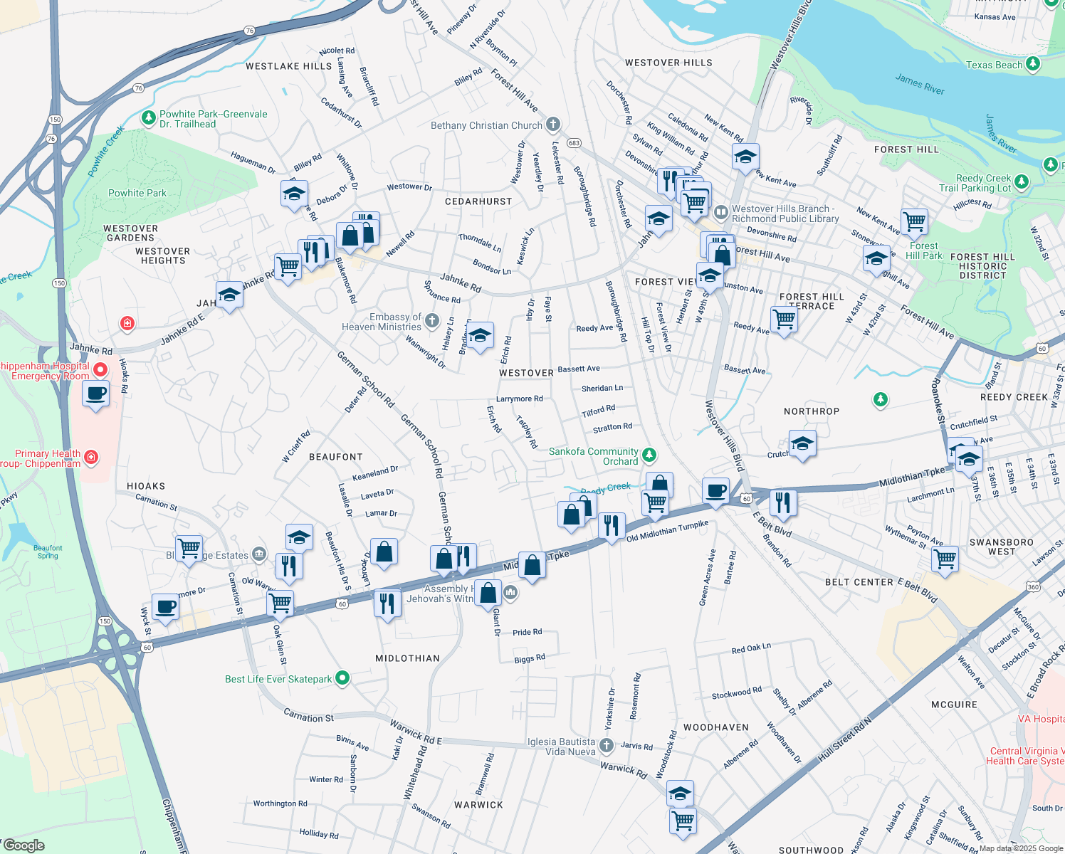 map of restaurants, bars, coffee shops, grocery stores, and more near 601 Tarpley Road in Richmond