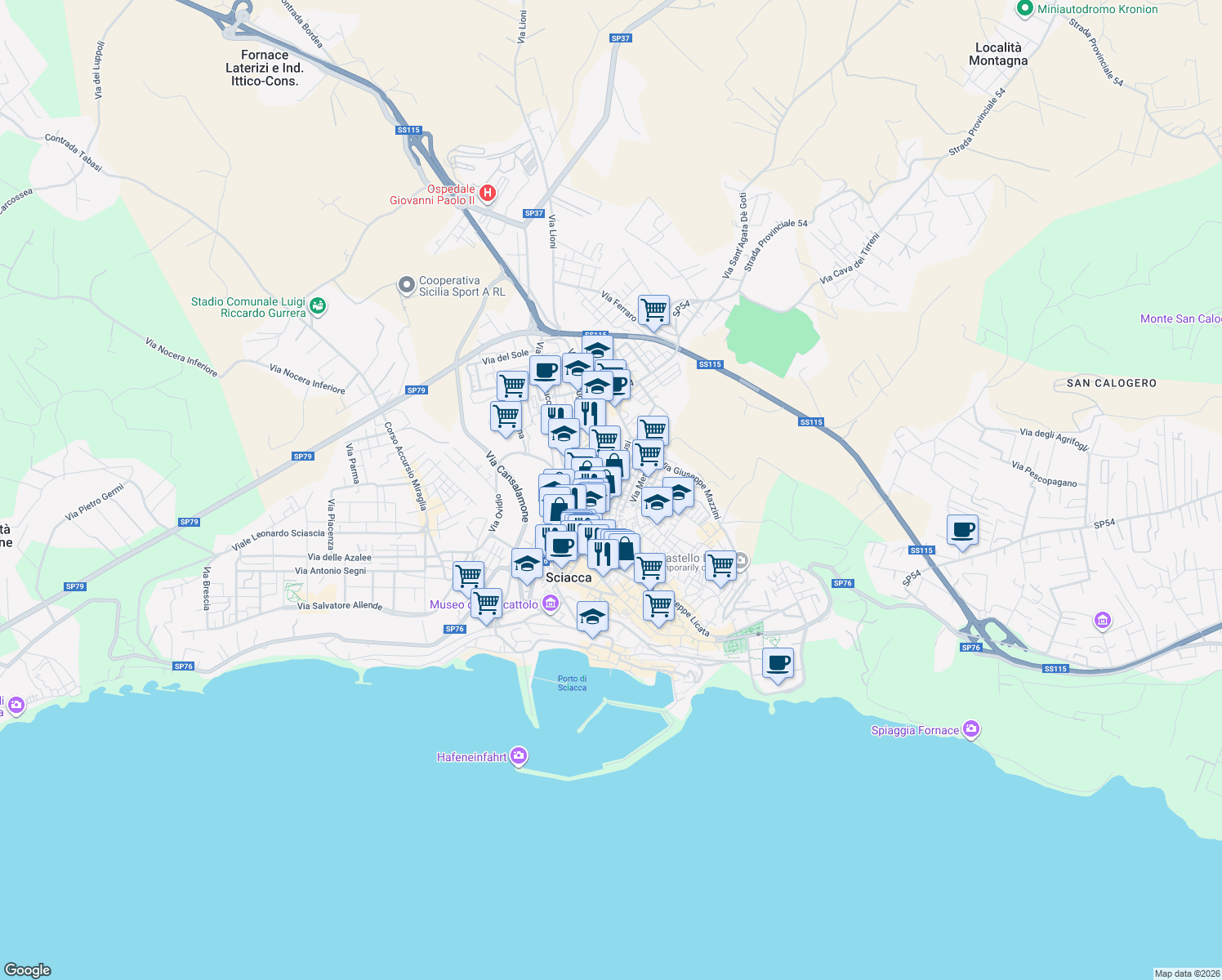 map of restaurants, bars, coffee shops, grocery stores, and more near 35 Via R. Morandi in Sciacca