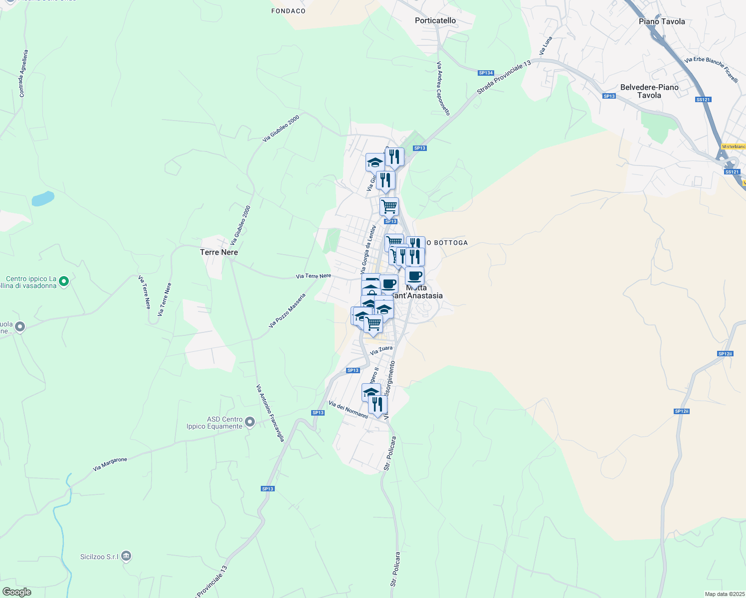map of restaurants, bars, coffee shops, grocery stores, and more near 7 Viale della Regione in Motta Sant'Anastasia