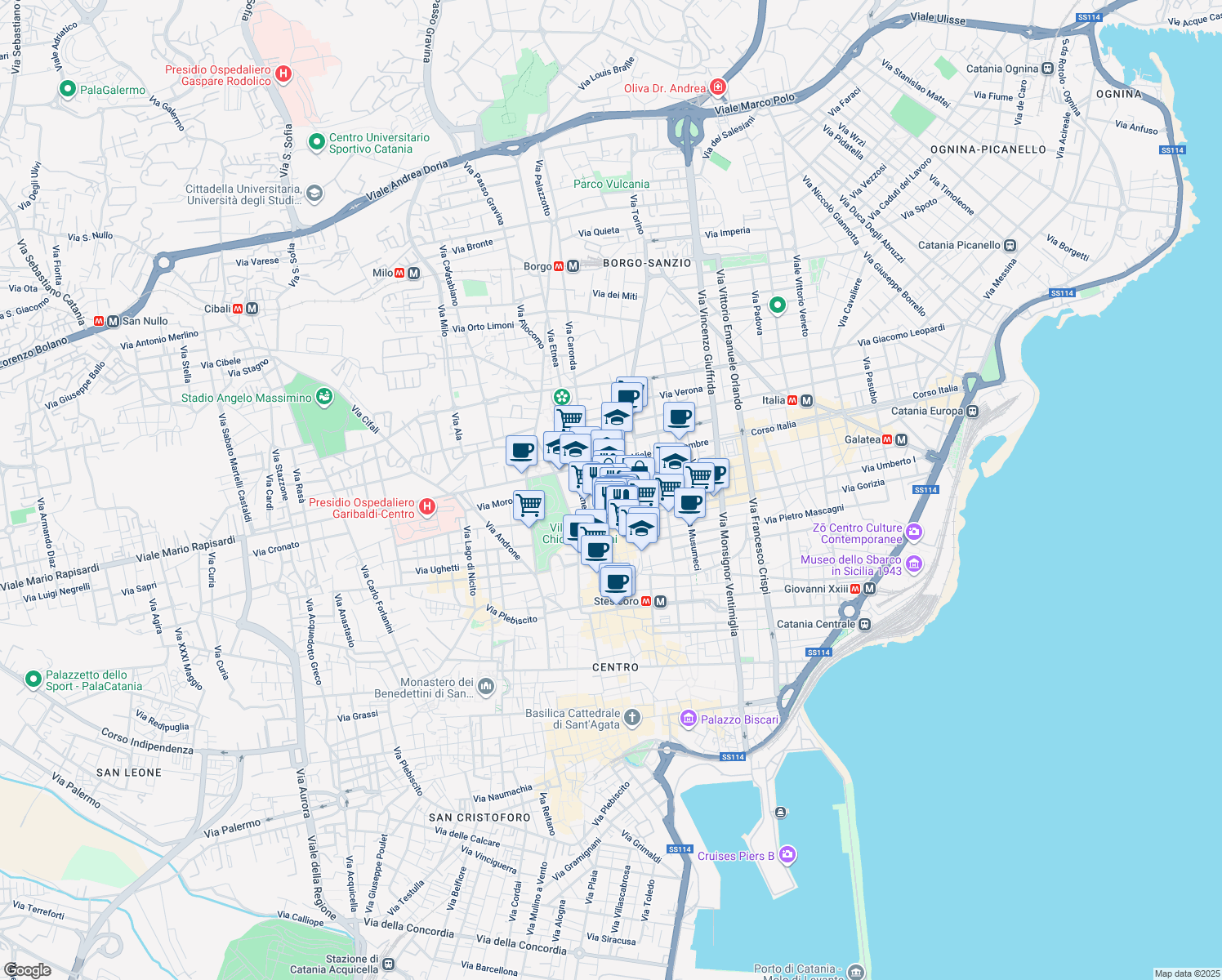 map of restaurants, bars, coffee shops, grocery stores, and more near 57 Via De Felice Giuseppe in Catania