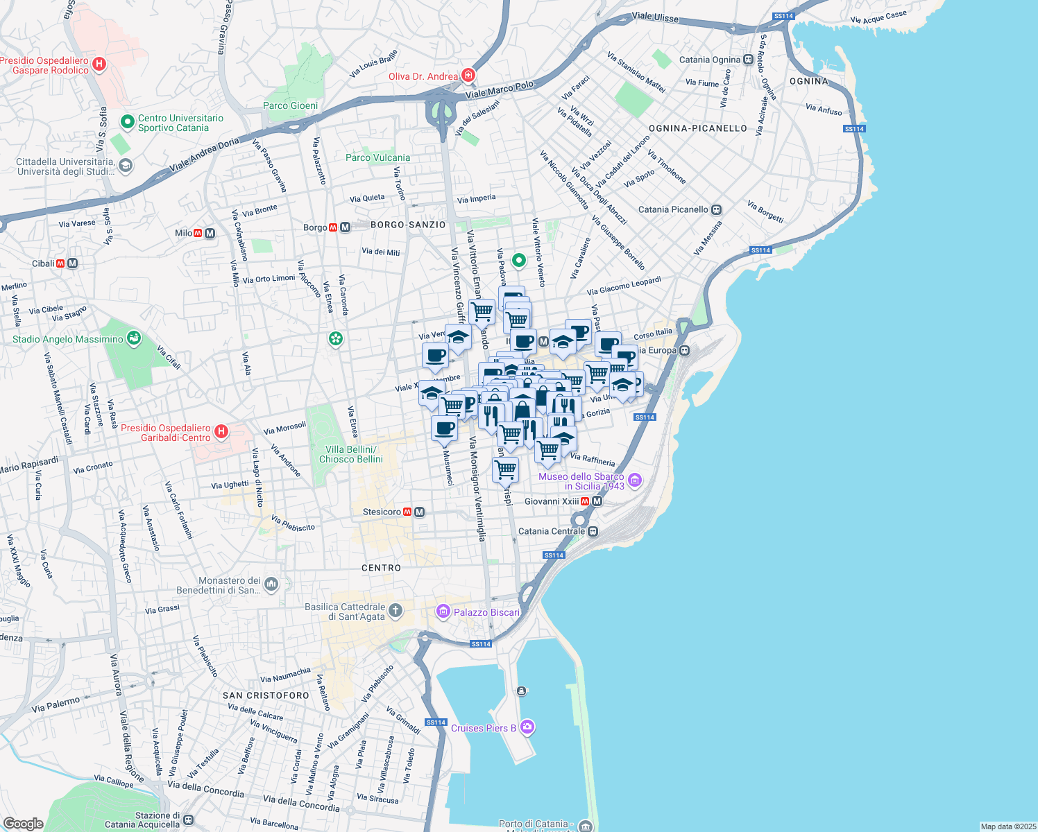 map of restaurants, bars, coffee shops, grocery stores, and more near 168 Via Camillo Finocchiaro Aprile in Catania