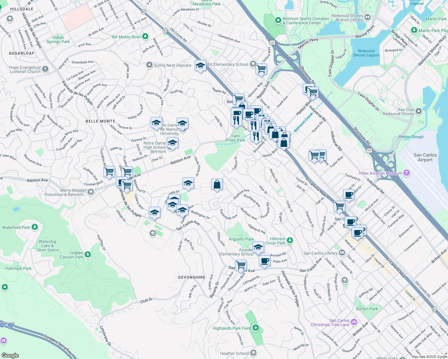 map of restaurants, bars, coffee shops, grocery stores, and more near 224 Lyndhurst Avenue in Belmont