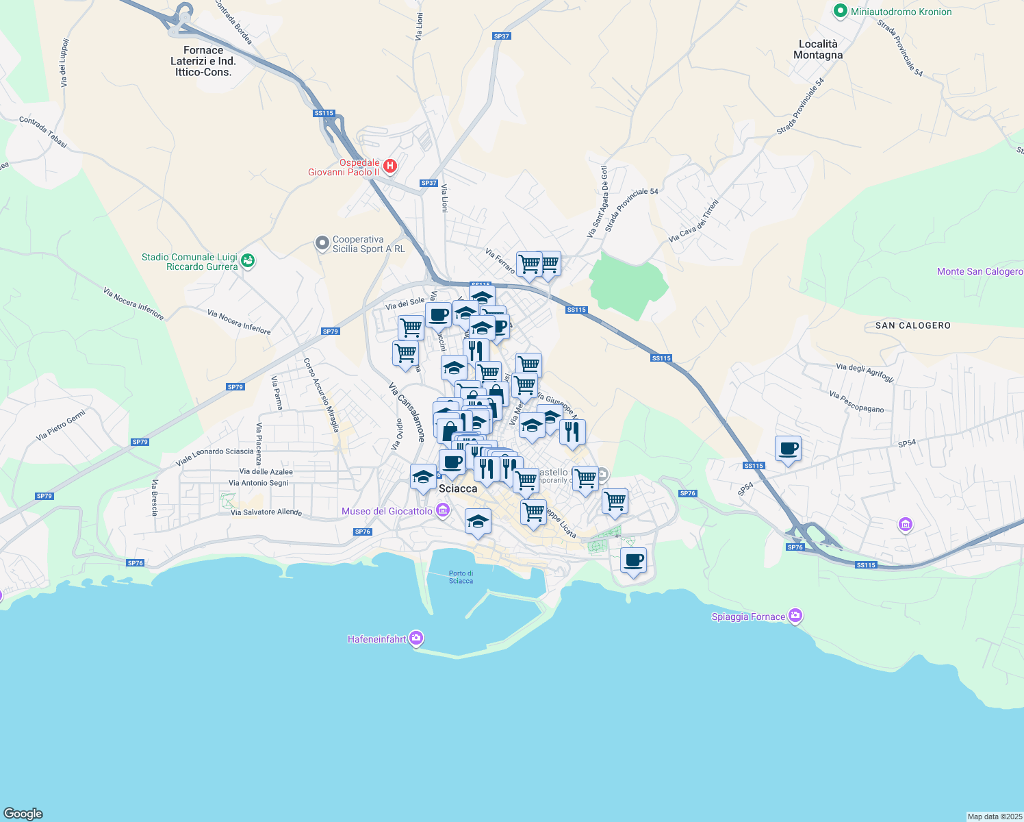 map of restaurants, bars, coffee shops, grocery stores, and more near 14A Via Asmara in Sciacca
