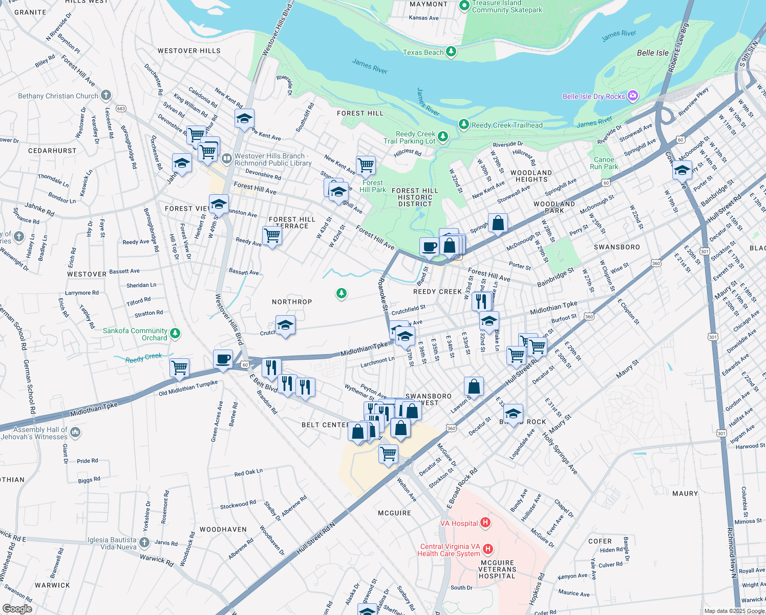 map of restaurants, bars, coffee shops, grocery stores, and more near 204 West Roanoke Street in Richmond