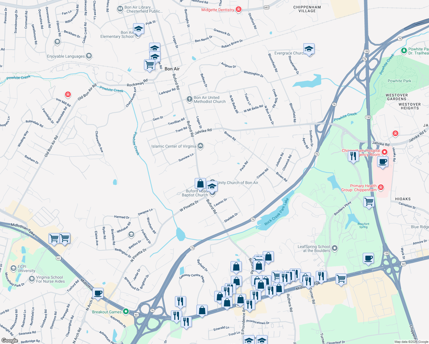 map of restaurants, bars, coffee shops, grocery stores, and more near 8208 Buford Oaks Drive in Richmond