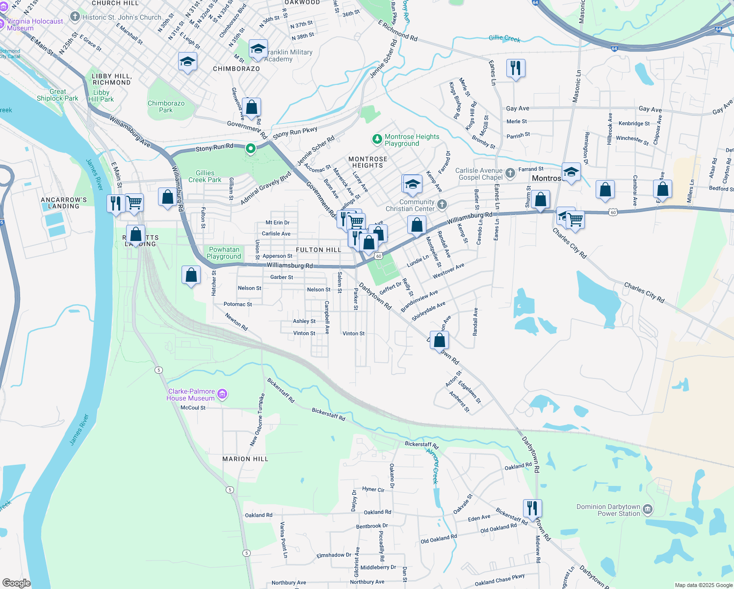 map of restaurants, bars, coffee shops, grocery stores, and more near 5218 Blueridge Avenue in Richmond