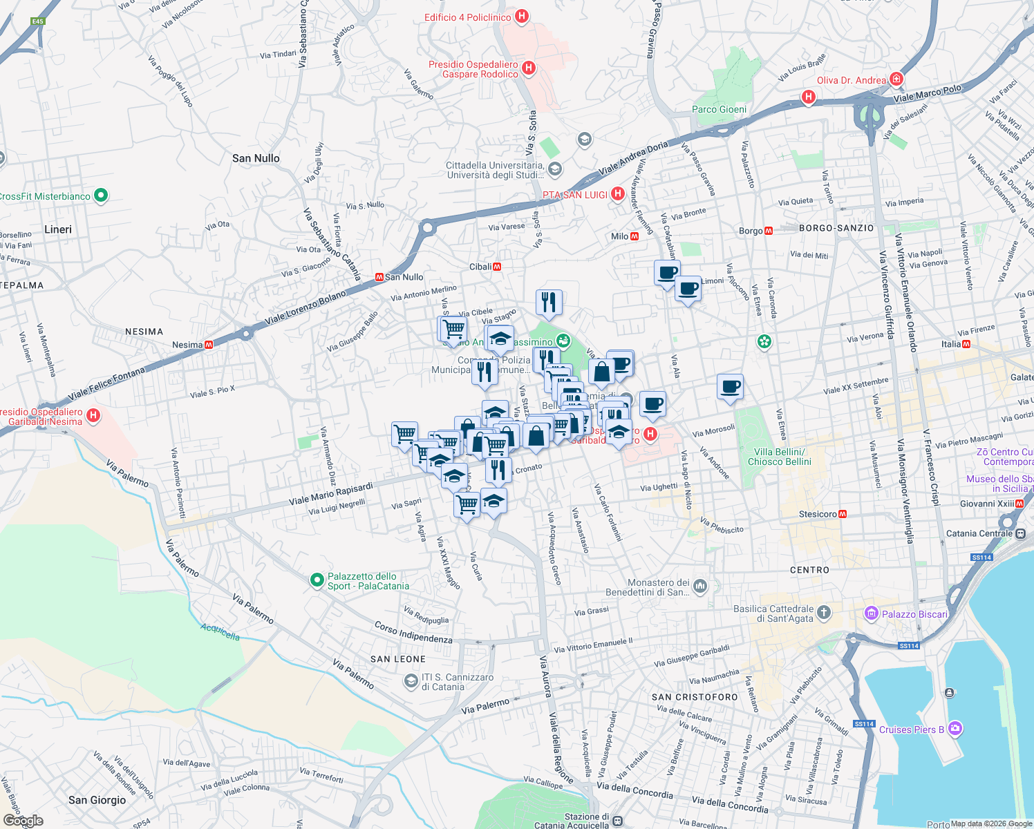 map of restaurants, bars, coffee shops, grocery stores, and more near 55 Via Cardì in Catania