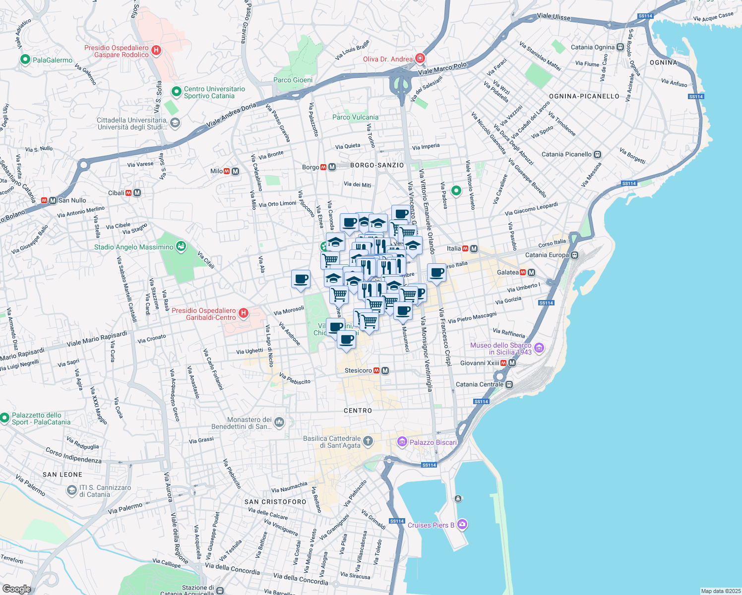 map of restaurants, bars, coffee shops, grocery stores, and more near 30 Via Pietro Toselli in Catania