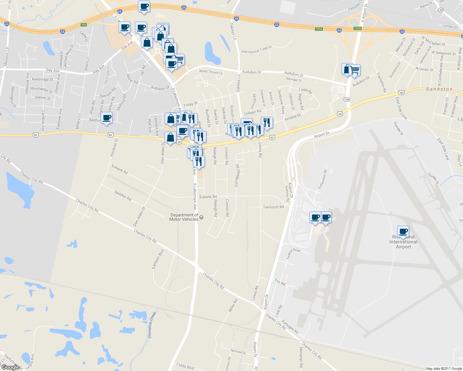 map of restaurants, bars, coffee shops, grocery stores, and more near 5305 Coxson Road in Richmond