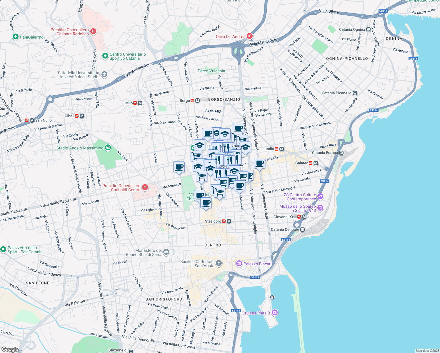 map of restaurants, bars, coffee shops, grocery stores, and more near 30 Via Pietro Toselli in Catania