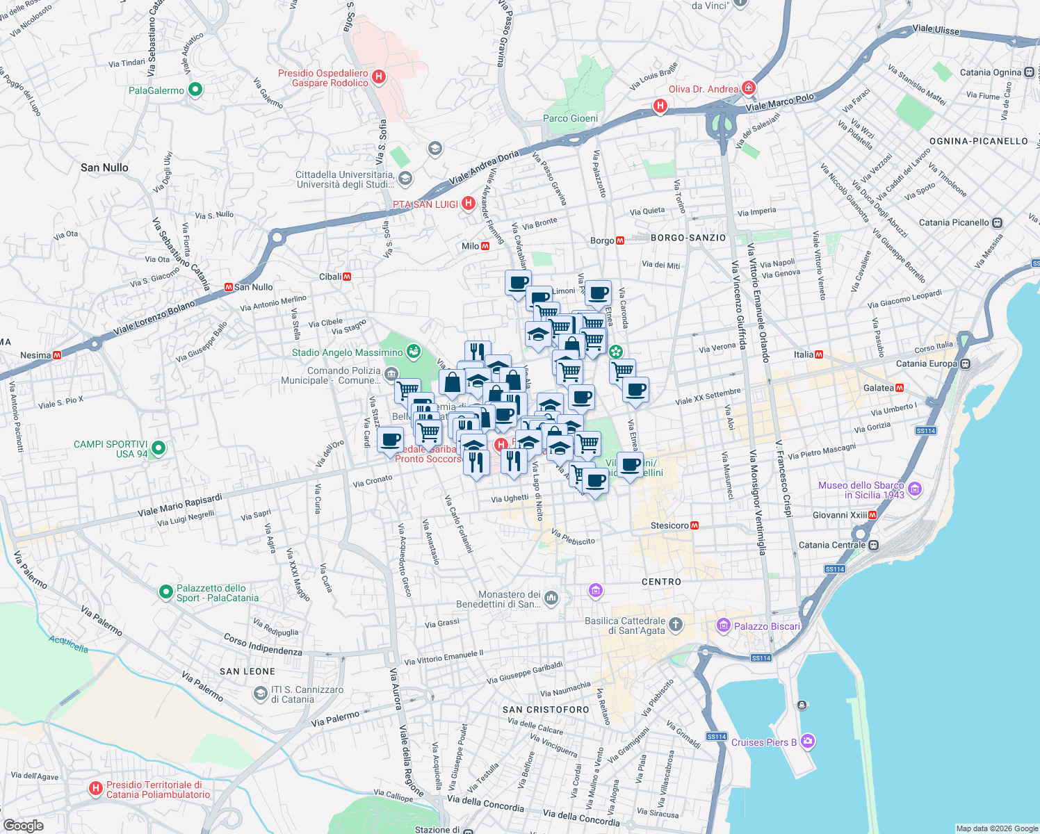 map of restaurants, bars, coffee shops, grocery stores, and more near 2-10 Via Cesare Vivante in Catania