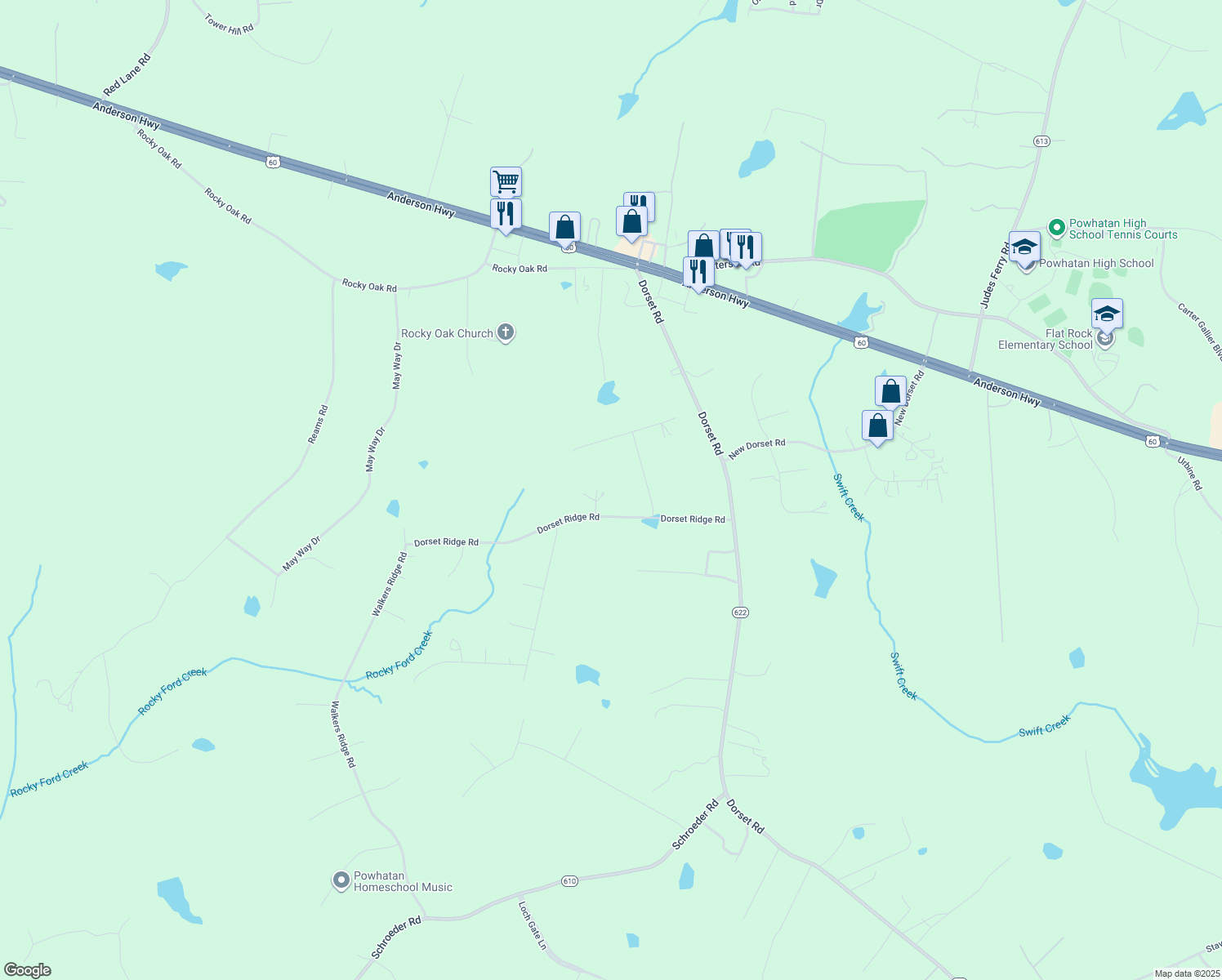 map of restaurants, bars, coffee shops, grocery stores, and more near 1808 Dorset Ridge Mews in Powhatan