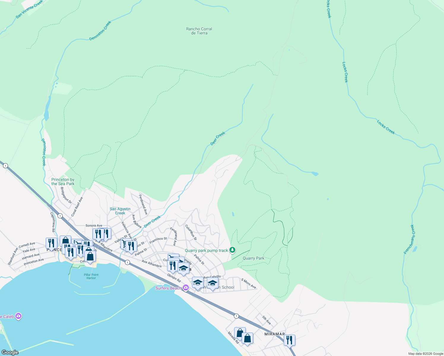 map of restaurants, bars, coffee shops, grocery stores, and more near 106 Dolphine Avenue in Half Moon Bay