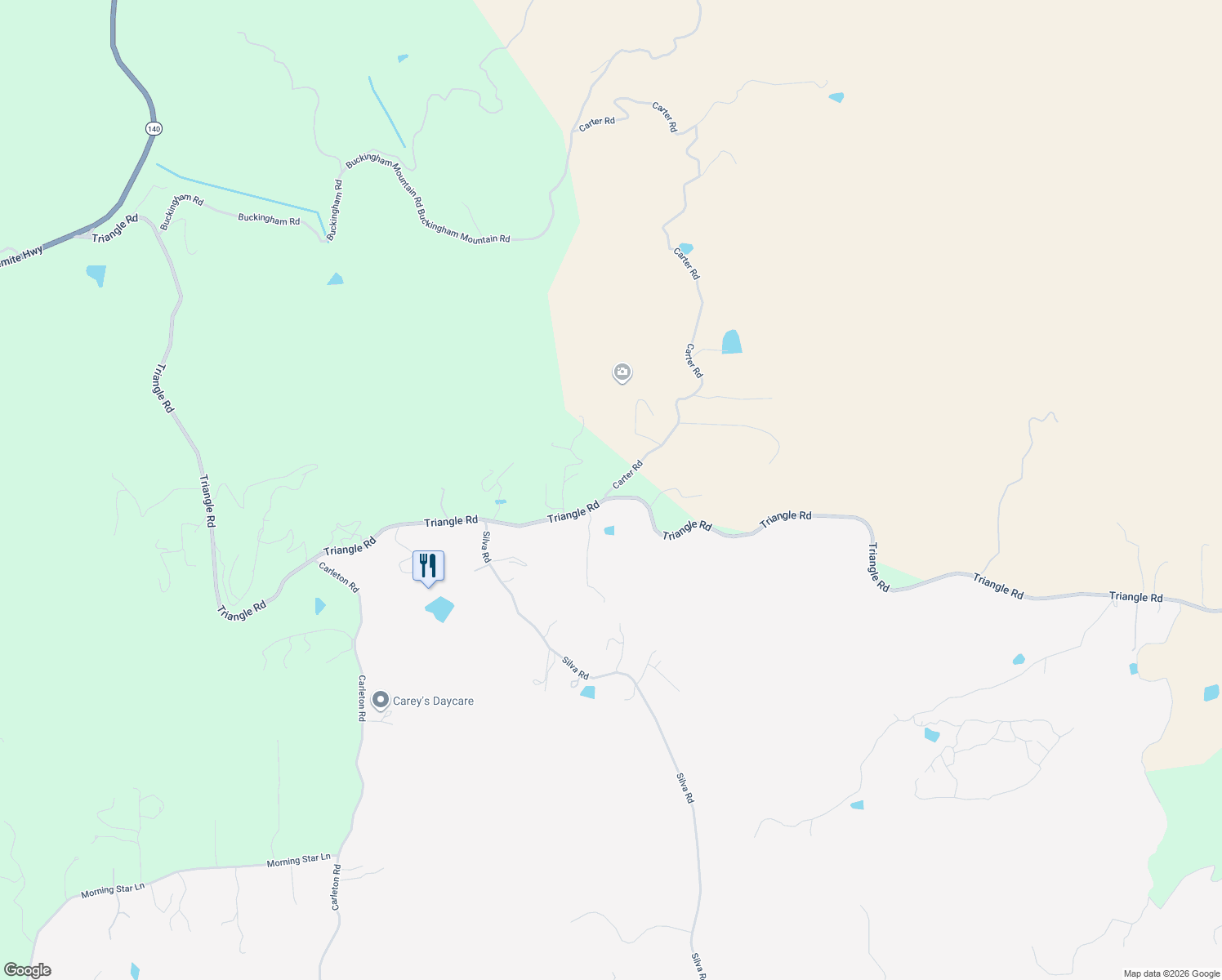 map of restaurants, bars, coffee shops, grocery stores, and more near 6299 Carter Road in Mariposa