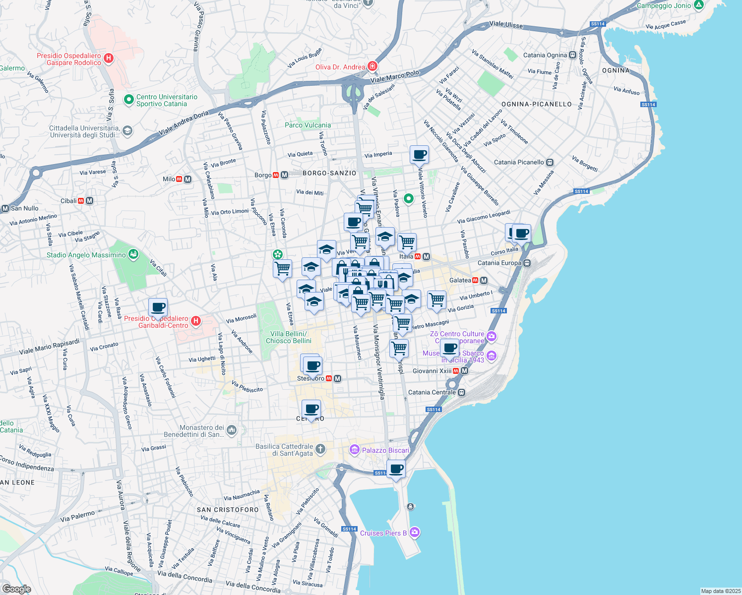 map of restaurants, bars, coffee shops, grocery stores, and more near 12 Via Conte Ruggero in Catania