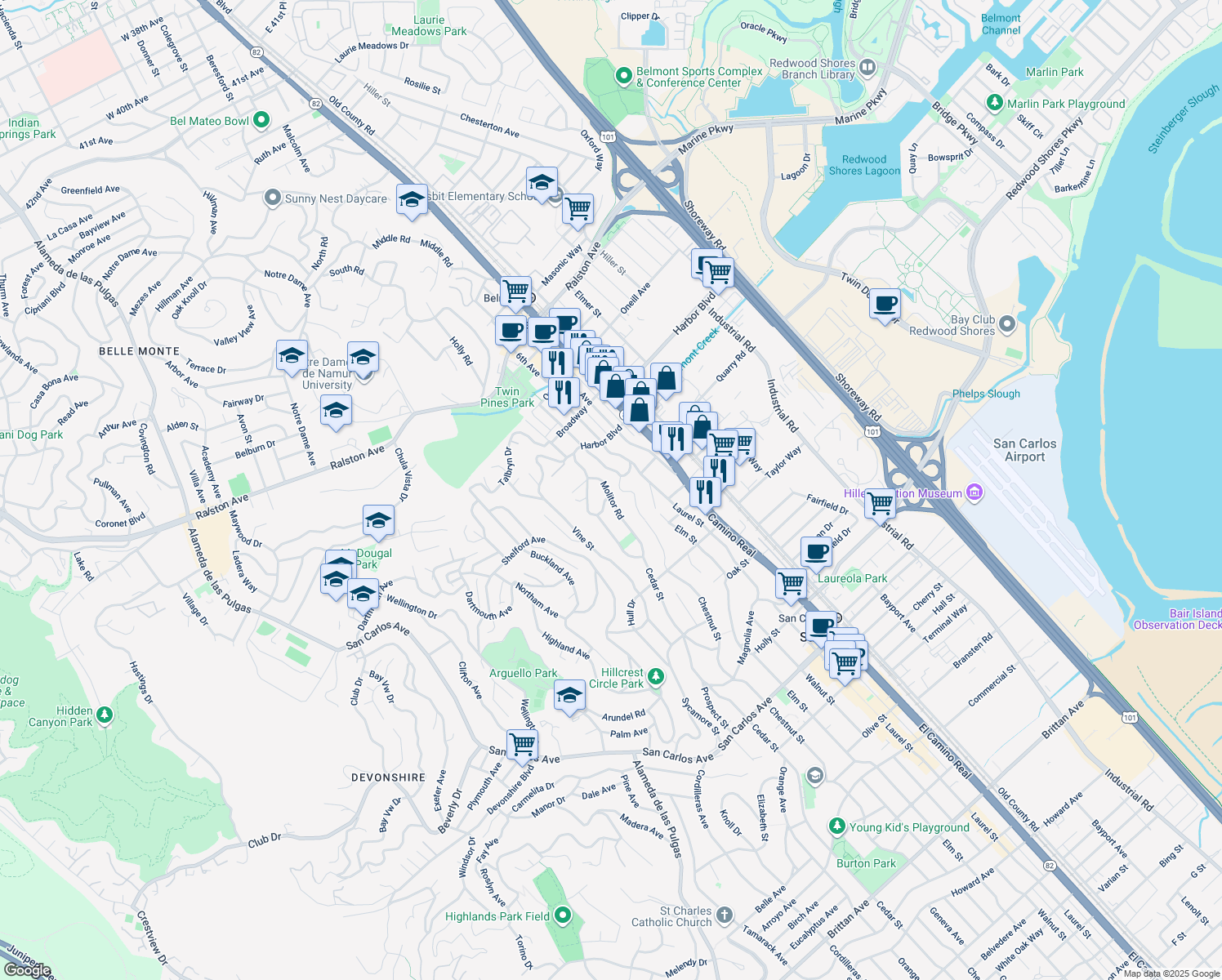 map of restaurants, bars, coffee shops, grocery stores, and more near 1597 Molitor Road in Belmont