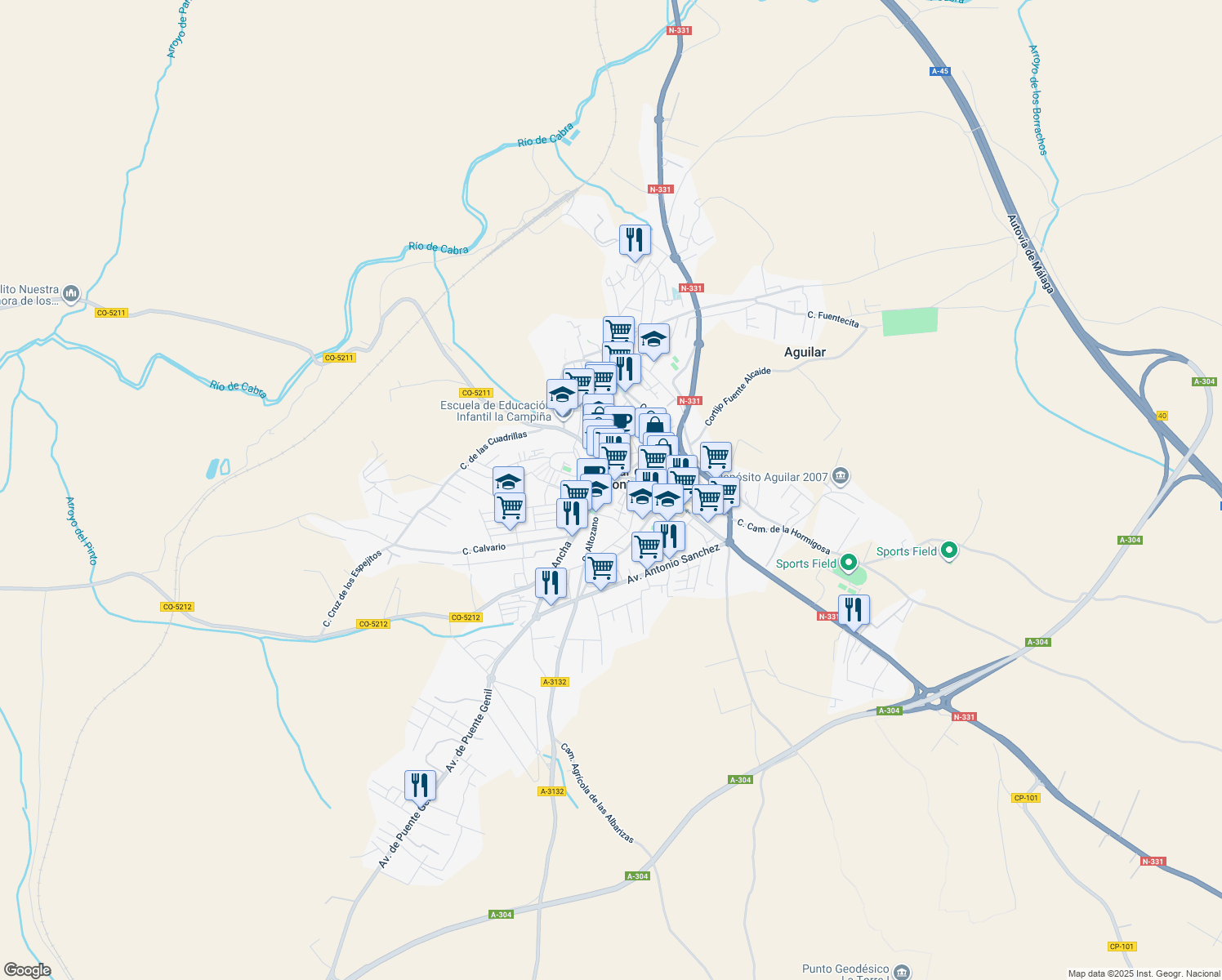 map of restaurants, bars, coffee shops, grocery stores, and more near 17 Calle Lorca in Aguilar de la Frontera