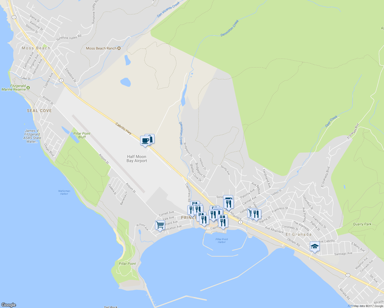 map of restaurants, bars, coffee shops, grocery stores, and more near 310 Bridgeport Drive in Half Moon Bay