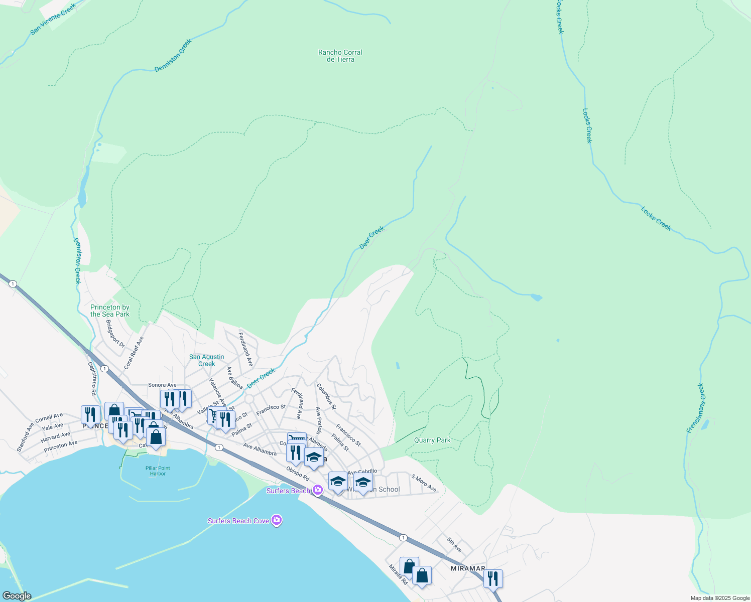 map of restaurants, bars, coffee shops, grocery stores, and more near 107 Dolphine Avenue in El Granada